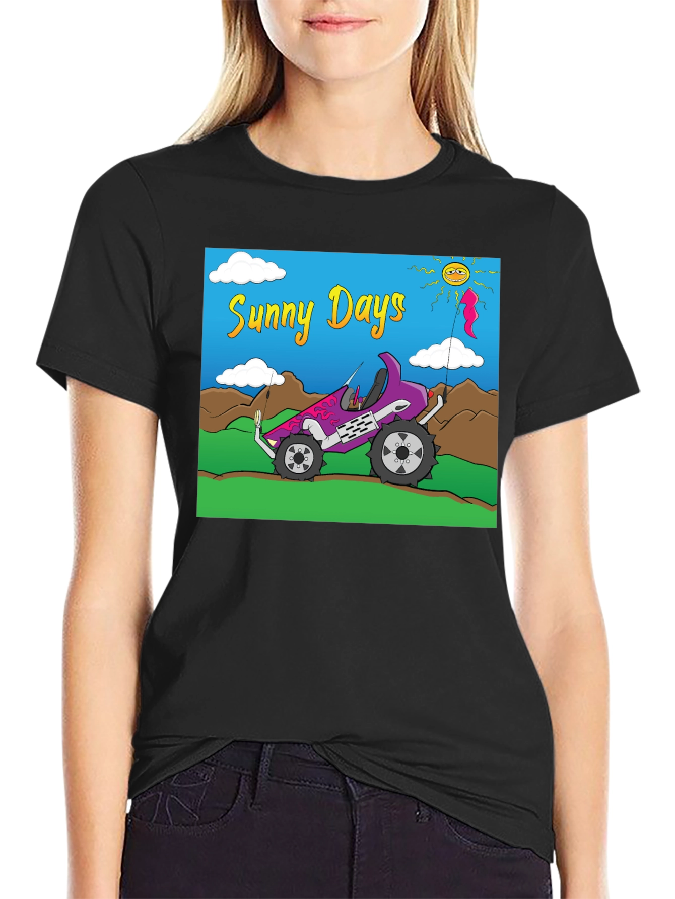 Black Sunny Days Graphic Tee - Car & Sunshine Design view 2