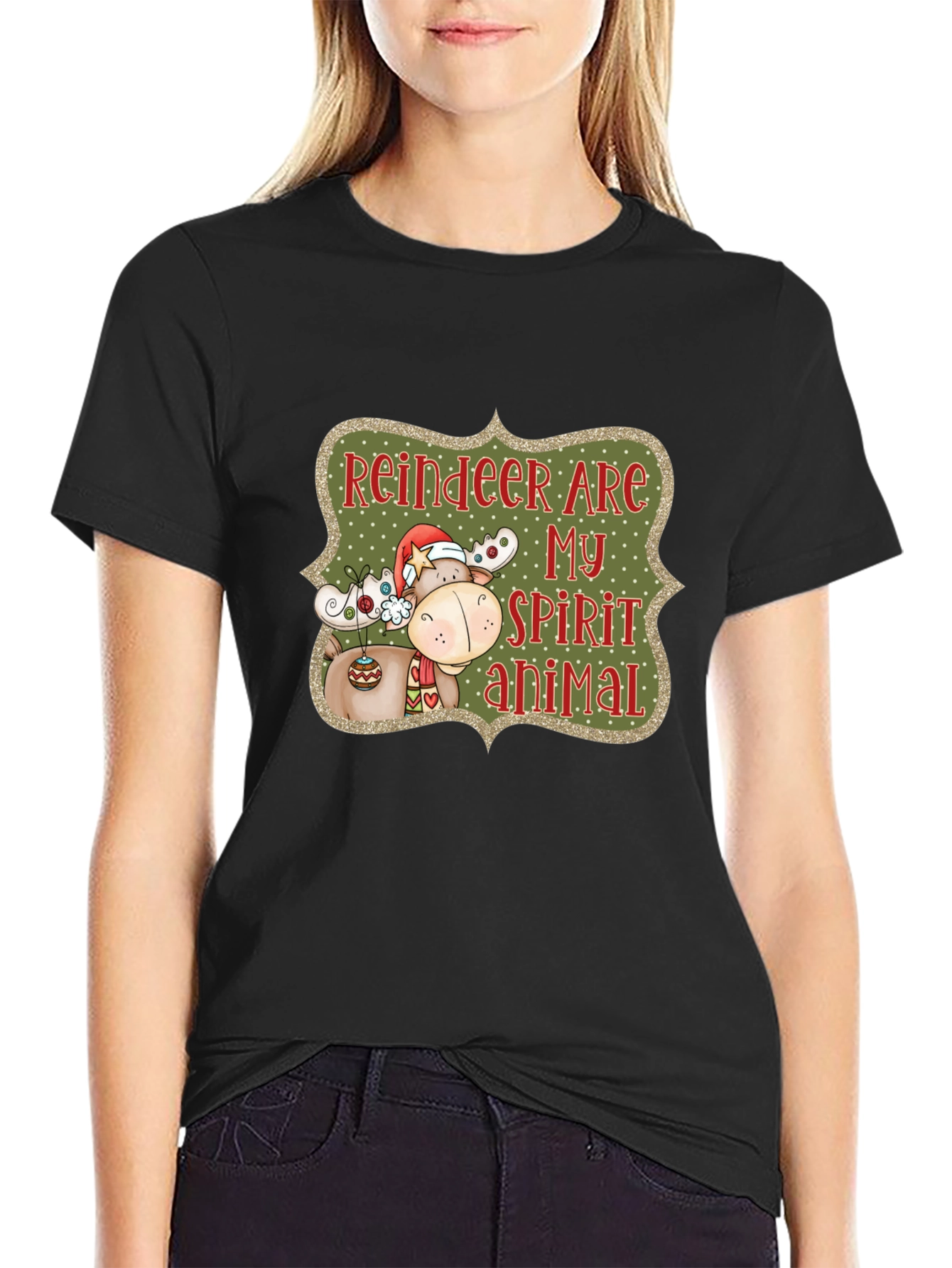 Black Reindeer Spirit Animal Christmas Graphic Tee view 2