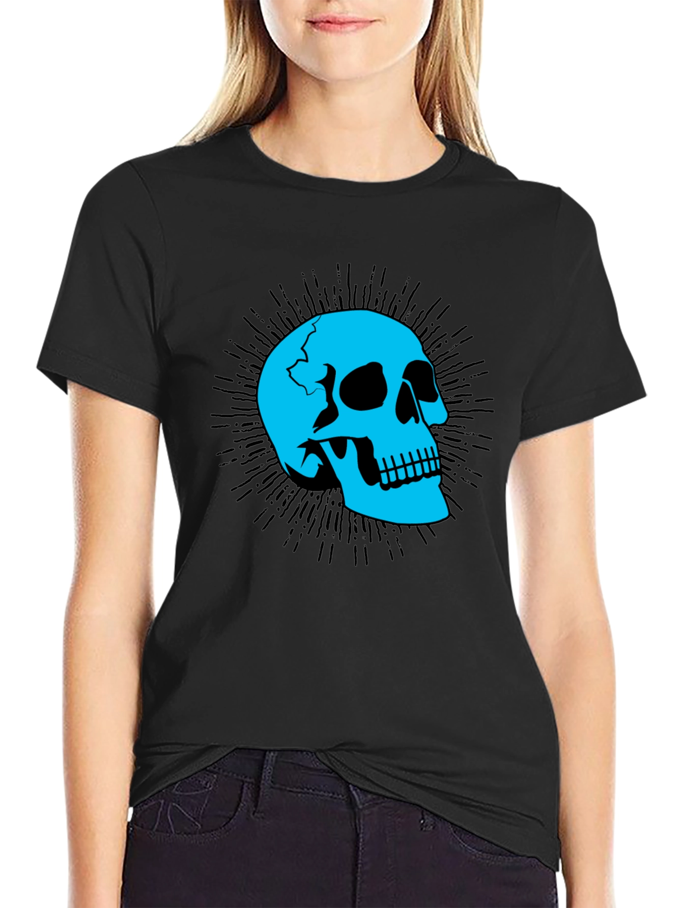 Black Skull Graphic Tee - Black Cotton T-Shirt view 2
