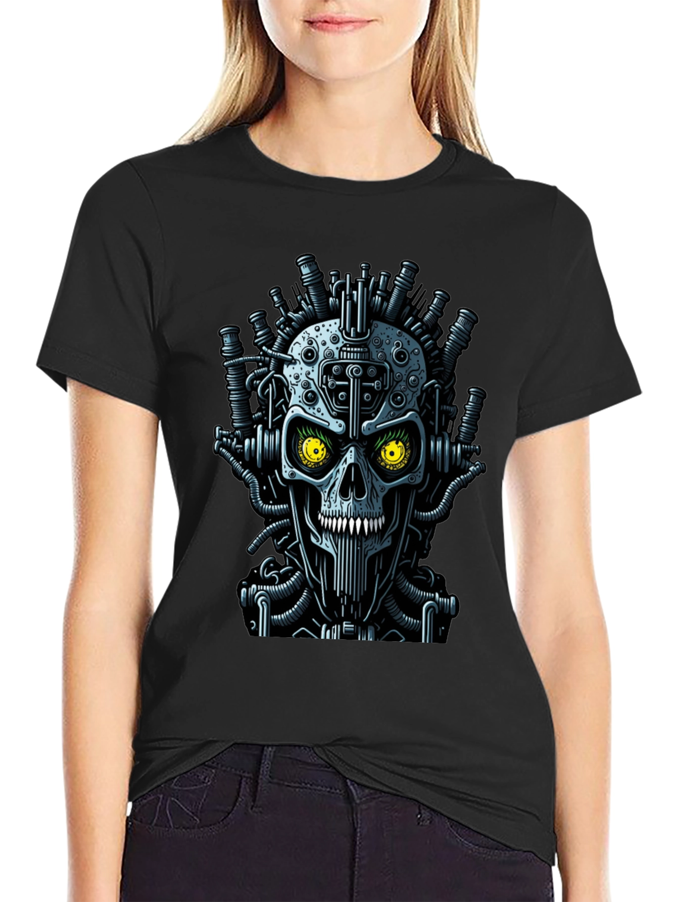 Black Steampunk Skull Graphic T-Shirt - Men's Crew Neck view 2