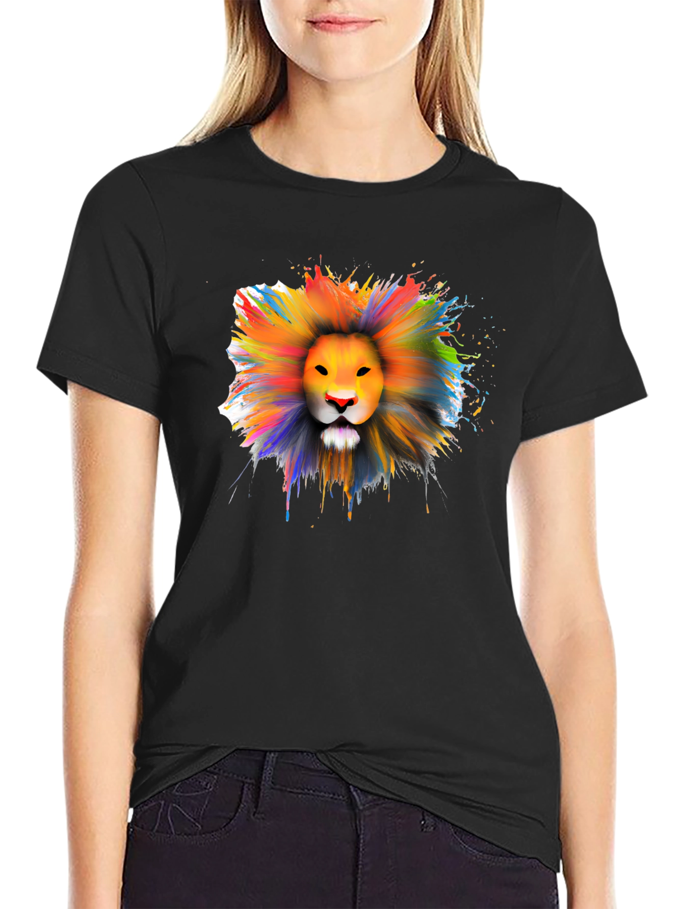 Black Colorful Lion Graphic T-Shirt - Artistic Crew Neck Tee view 2