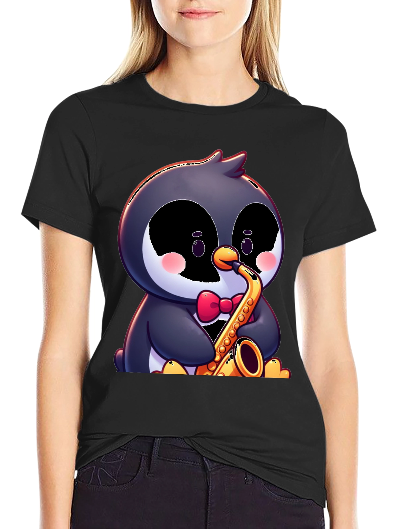 Black Penguin Saxophone T-Shirt - Fun Cartoon Design view 2