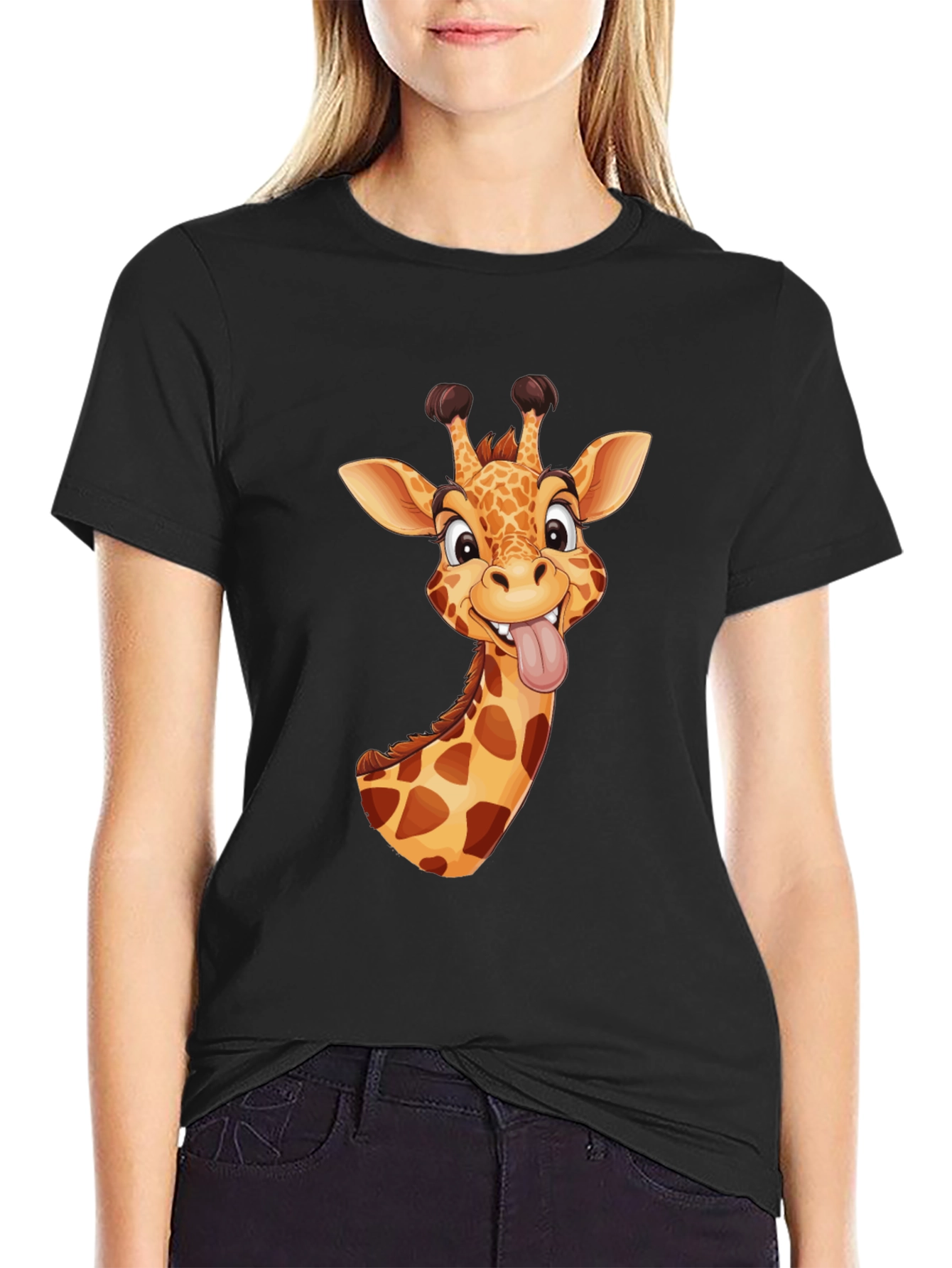 Black Funny Giraffe Graphic Tee - Black Cotton T-Shirt view 2