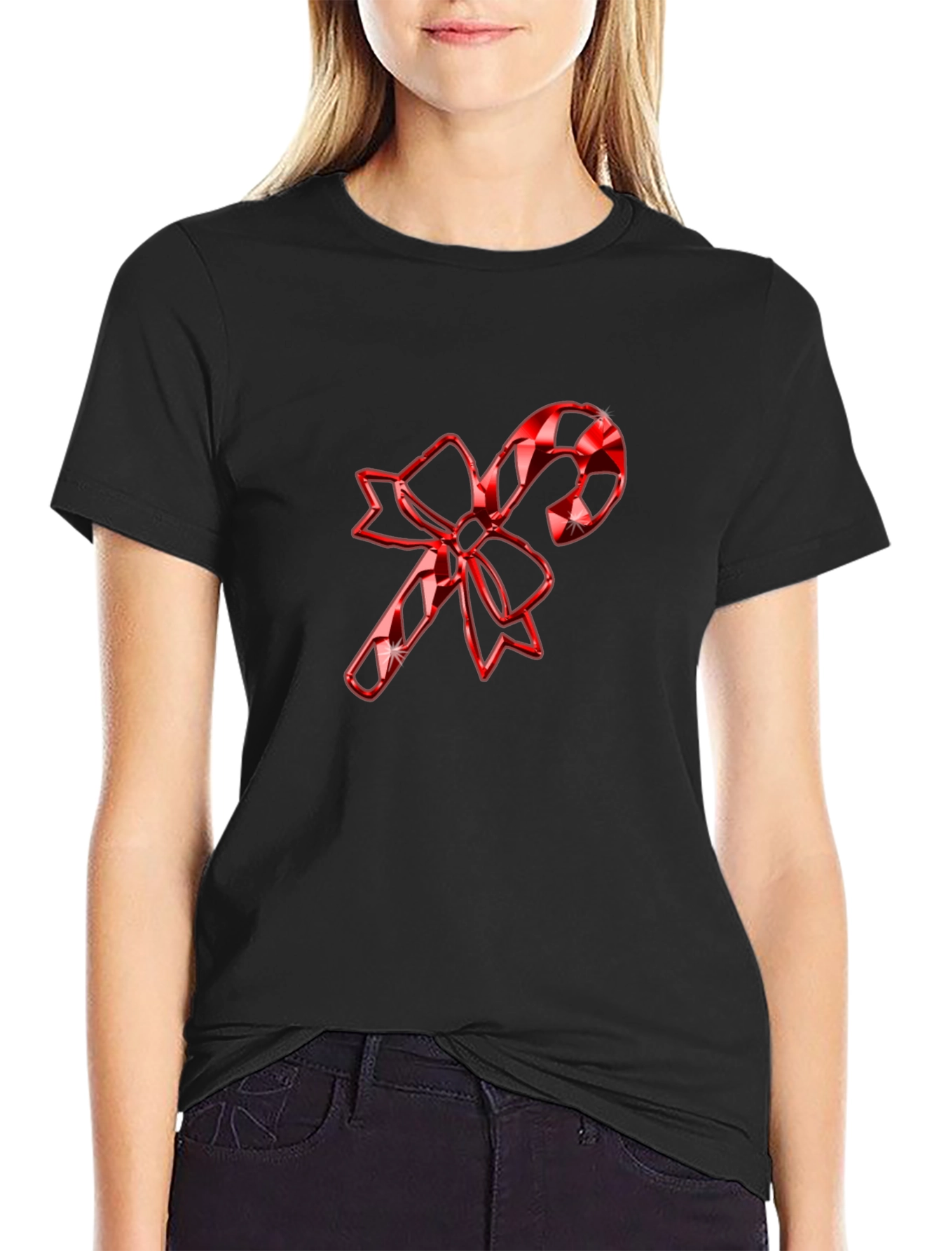 Black Festive Candy Cane Bow T-Shirt - Holiday Cheer view 2