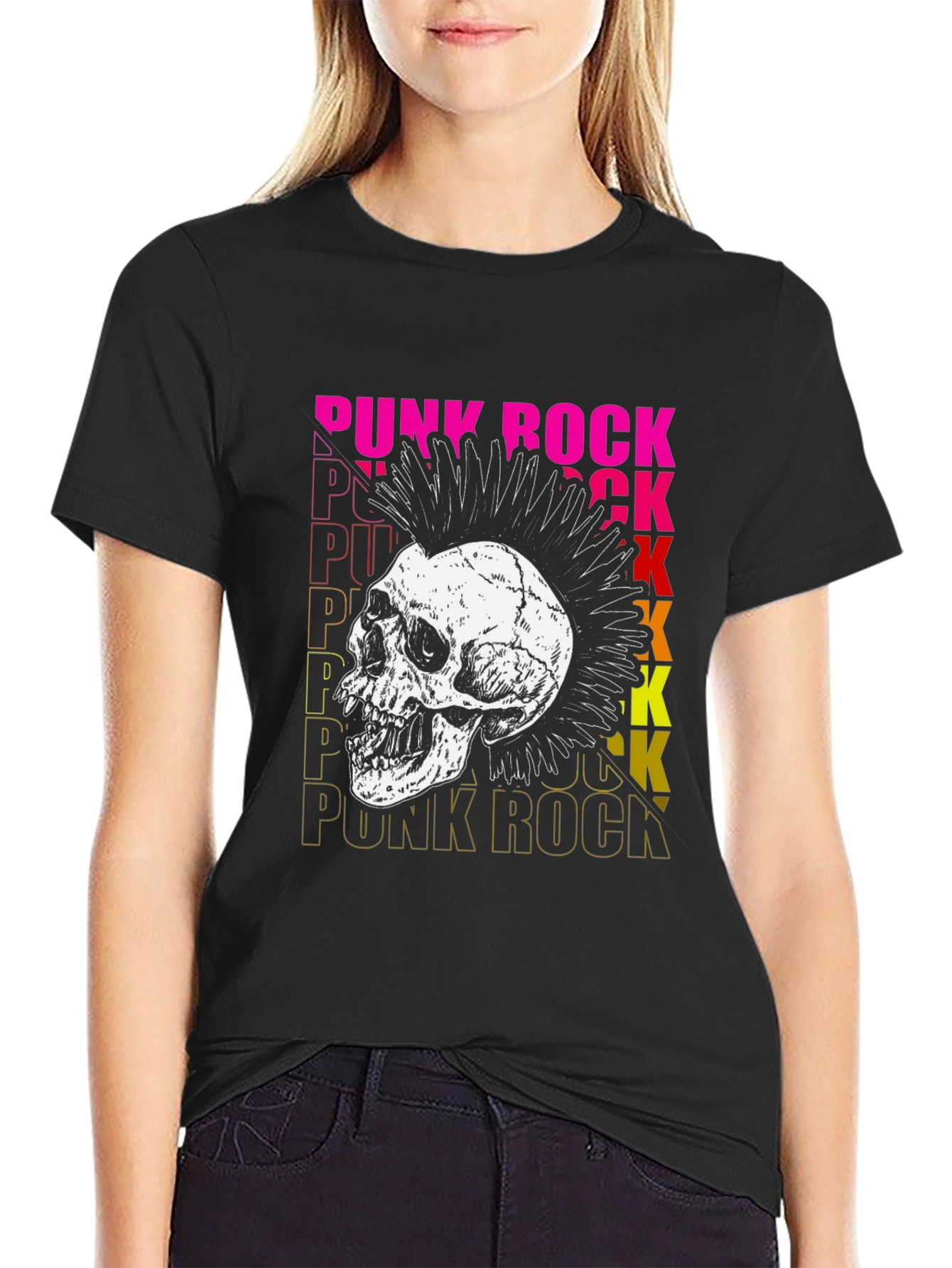 Black Punk Rock Skull Graphic T-Shirt view 2