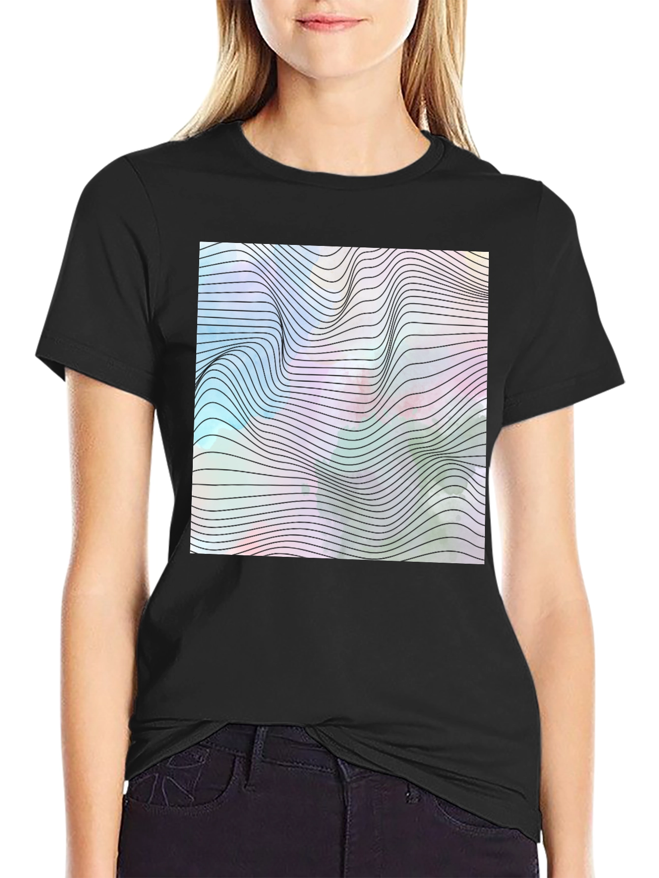 Black Abstract Wave Graphic Tee - Modern Black T-Shirt view 2
