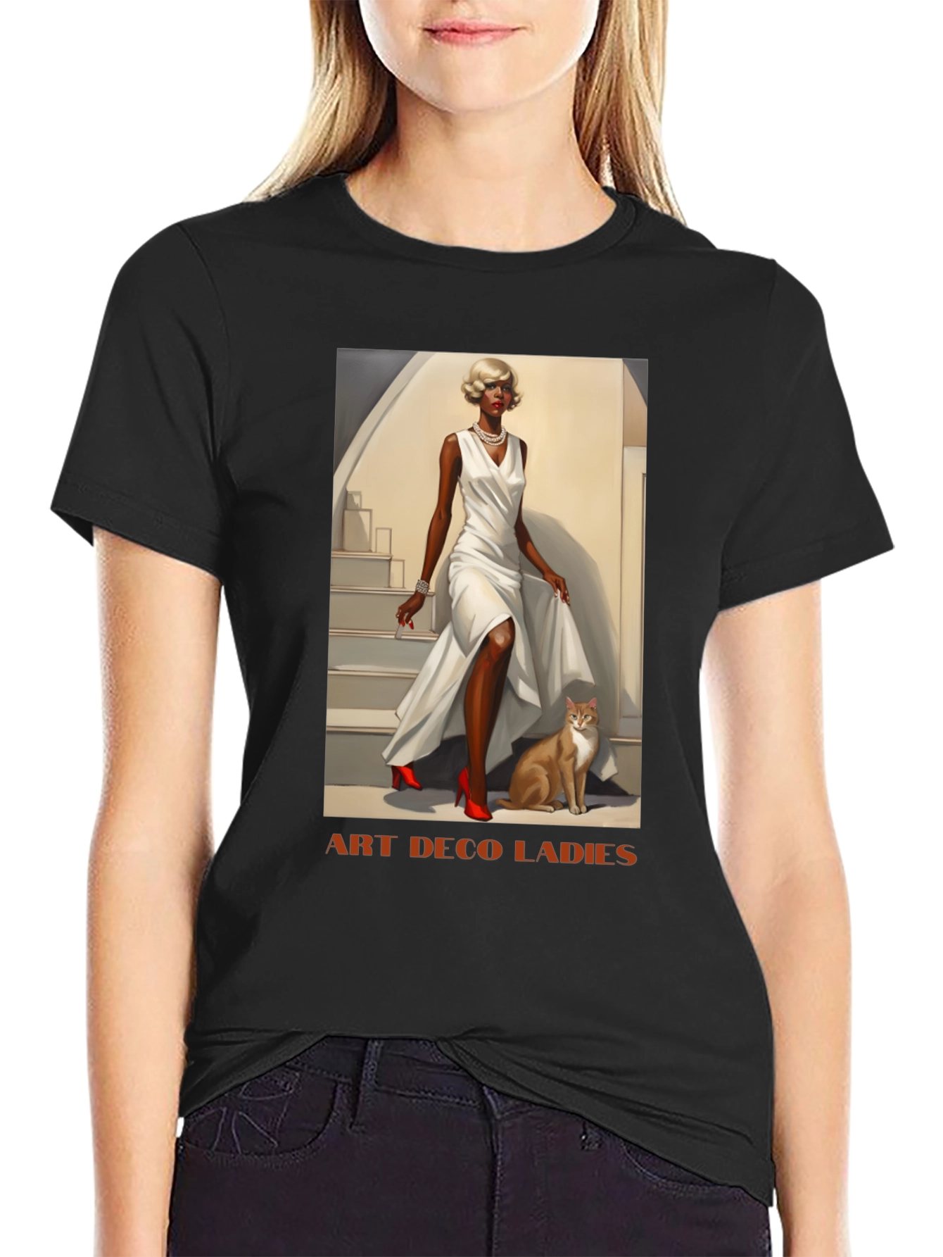 Black Art Deco Ladies Graphic T-Shirt view 2