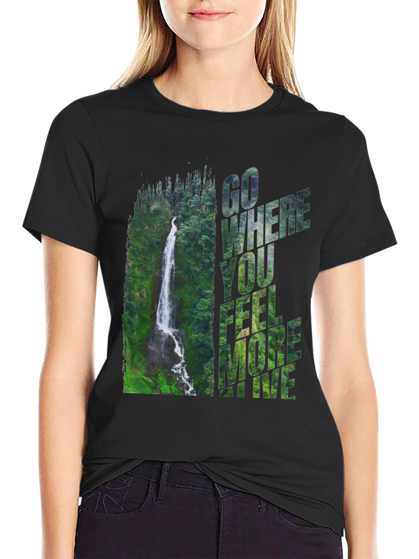 Black Waterfall Graphic Tee - 'Go Where You Feel More Alive' view 2