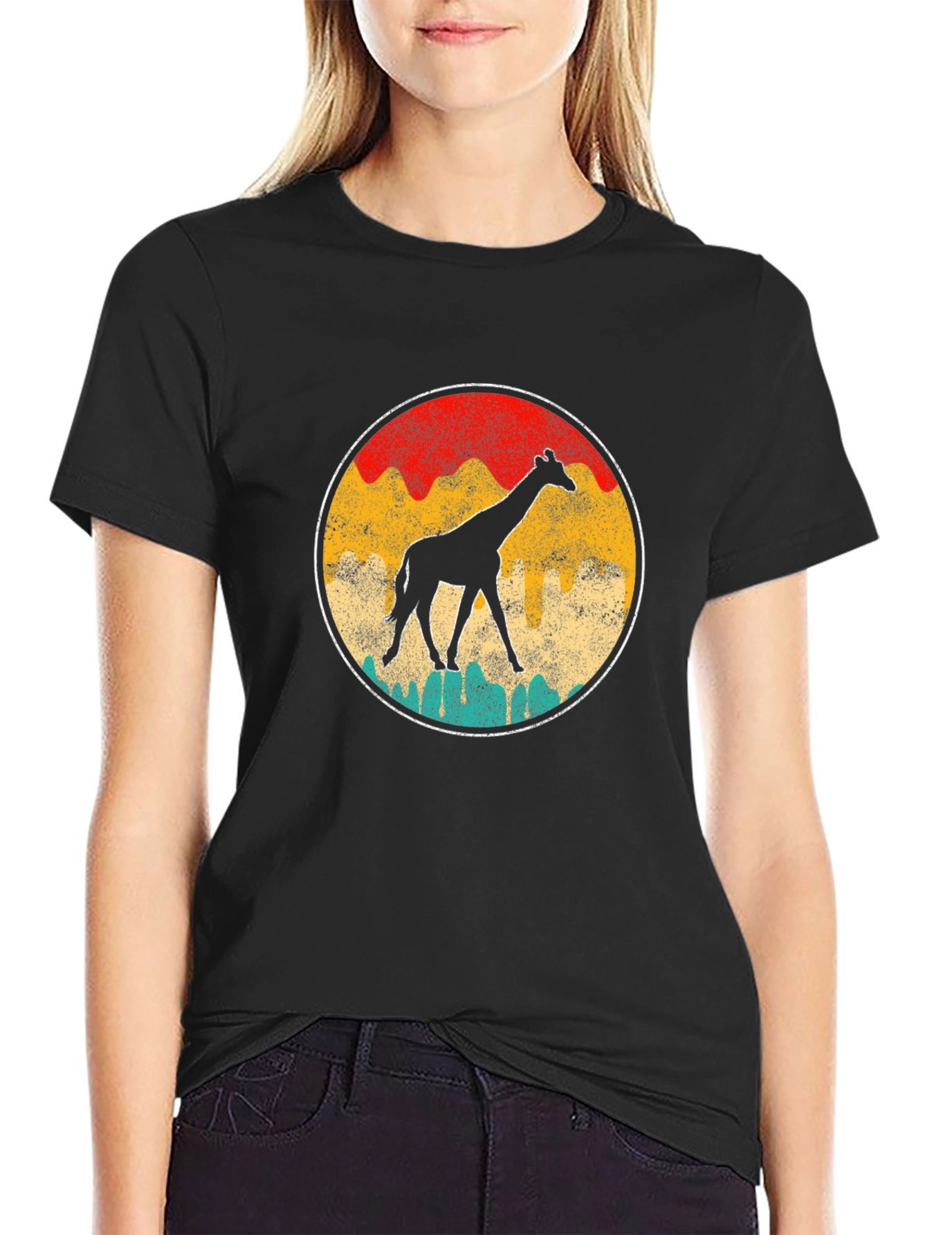 Black Retro Giraffe Graphic Tee - Unisex Black T-Shirt view 2