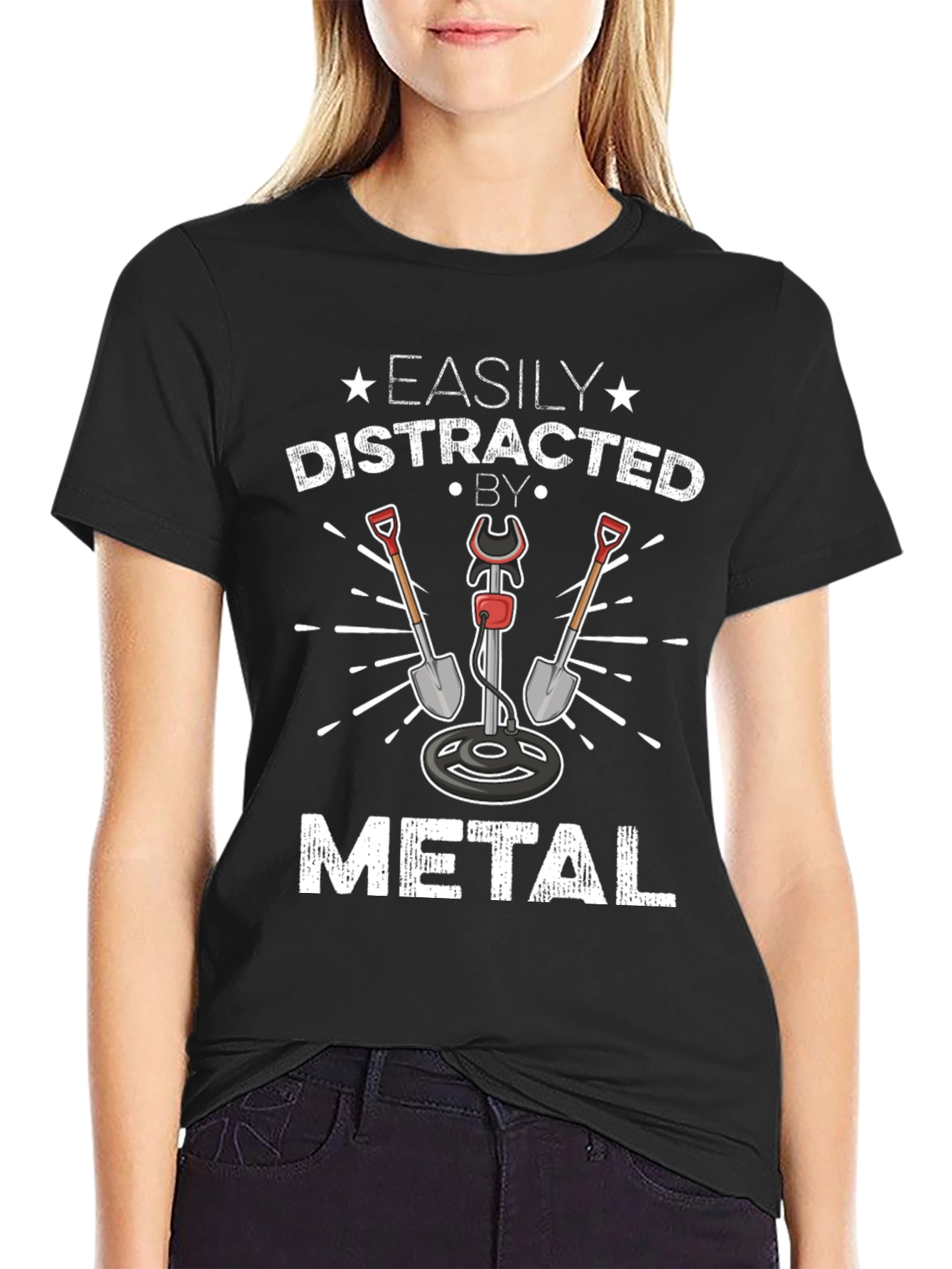 Black Easily Distracted By Metal Detecting Black T-Shirt view 2