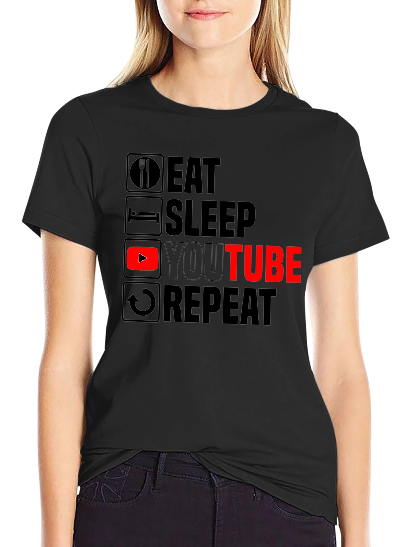 Black Eat Sleep YouTube Repeat Black Graphic Tee view 2