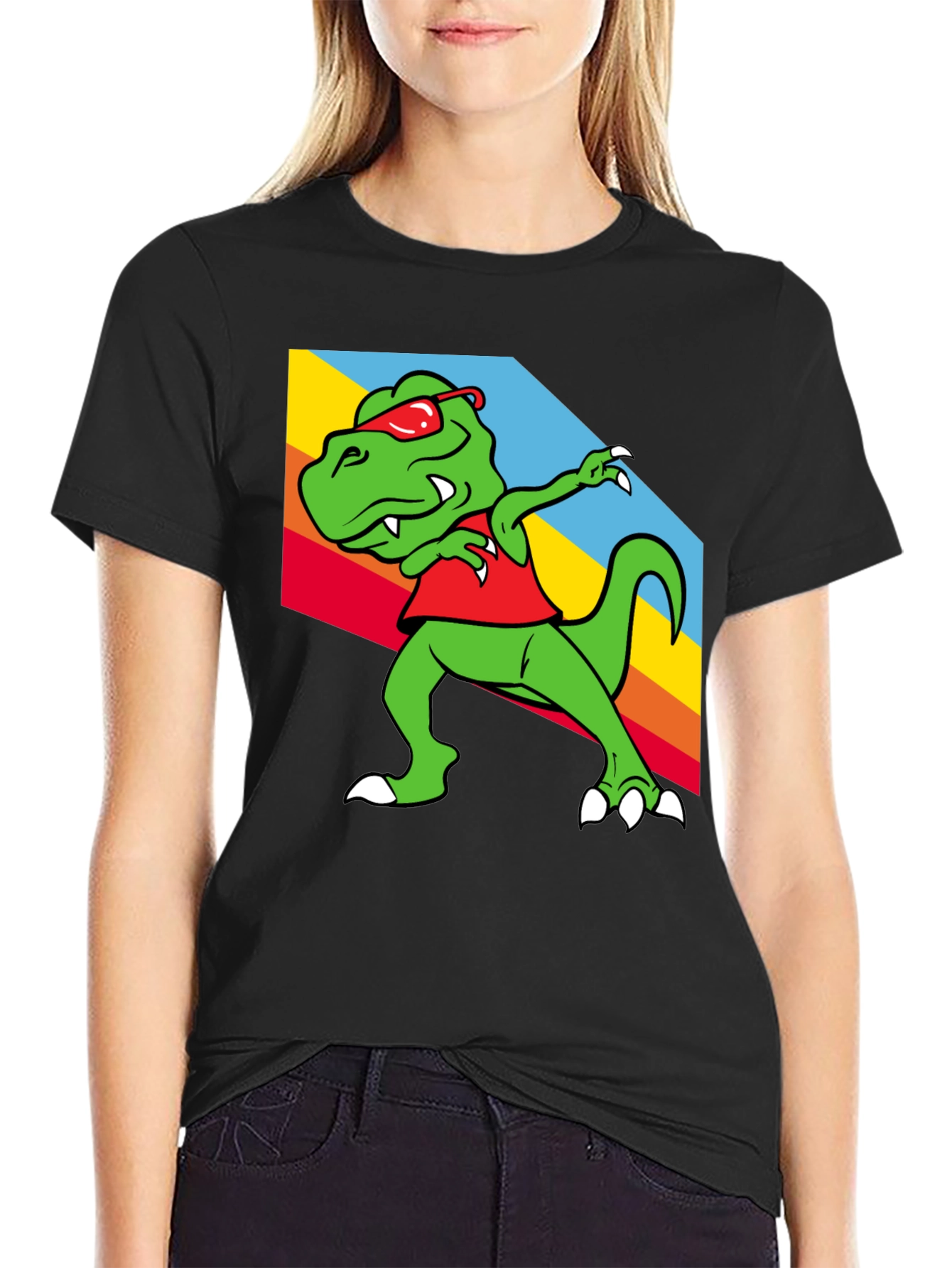 Black Dabbing Dinosaur Graphic Tee - Trendy T-Rex T-Shirt view 2