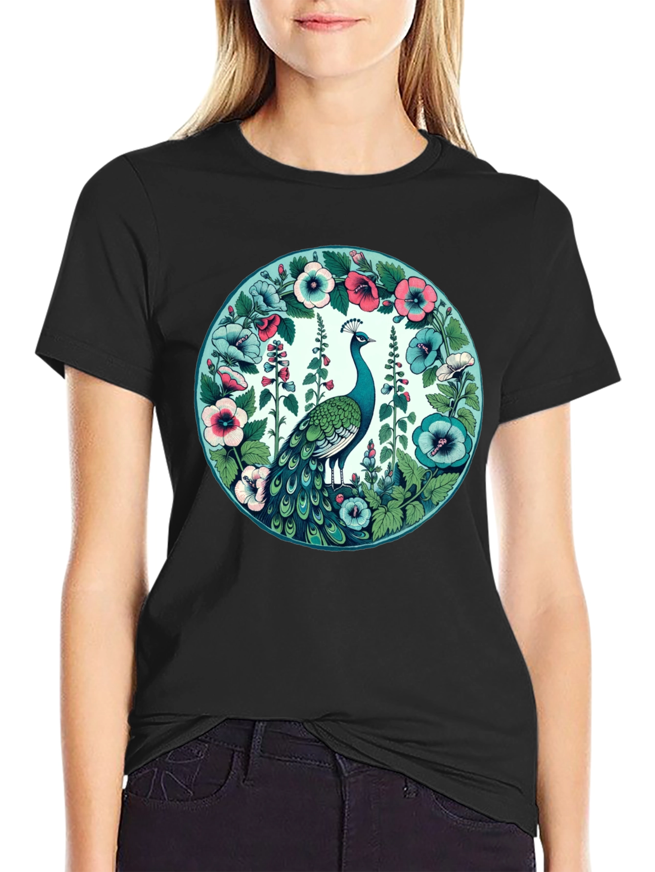 Black Peacock Floral Graphic Tee - Black Cotton T-Shirt view 2