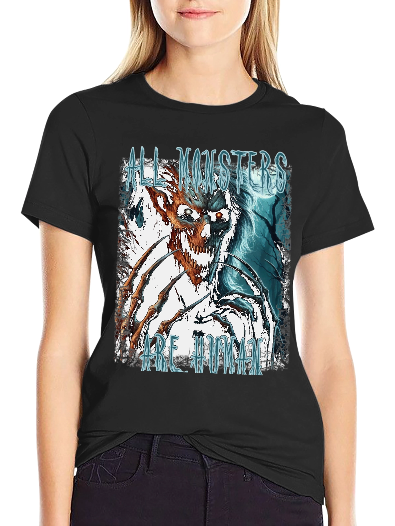 Black All Monsters Are Human Graphic Tee view 2