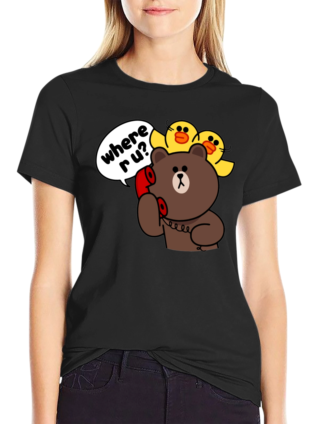 Black Cartoon Bear & Duck Graphic T-Shirt view 2