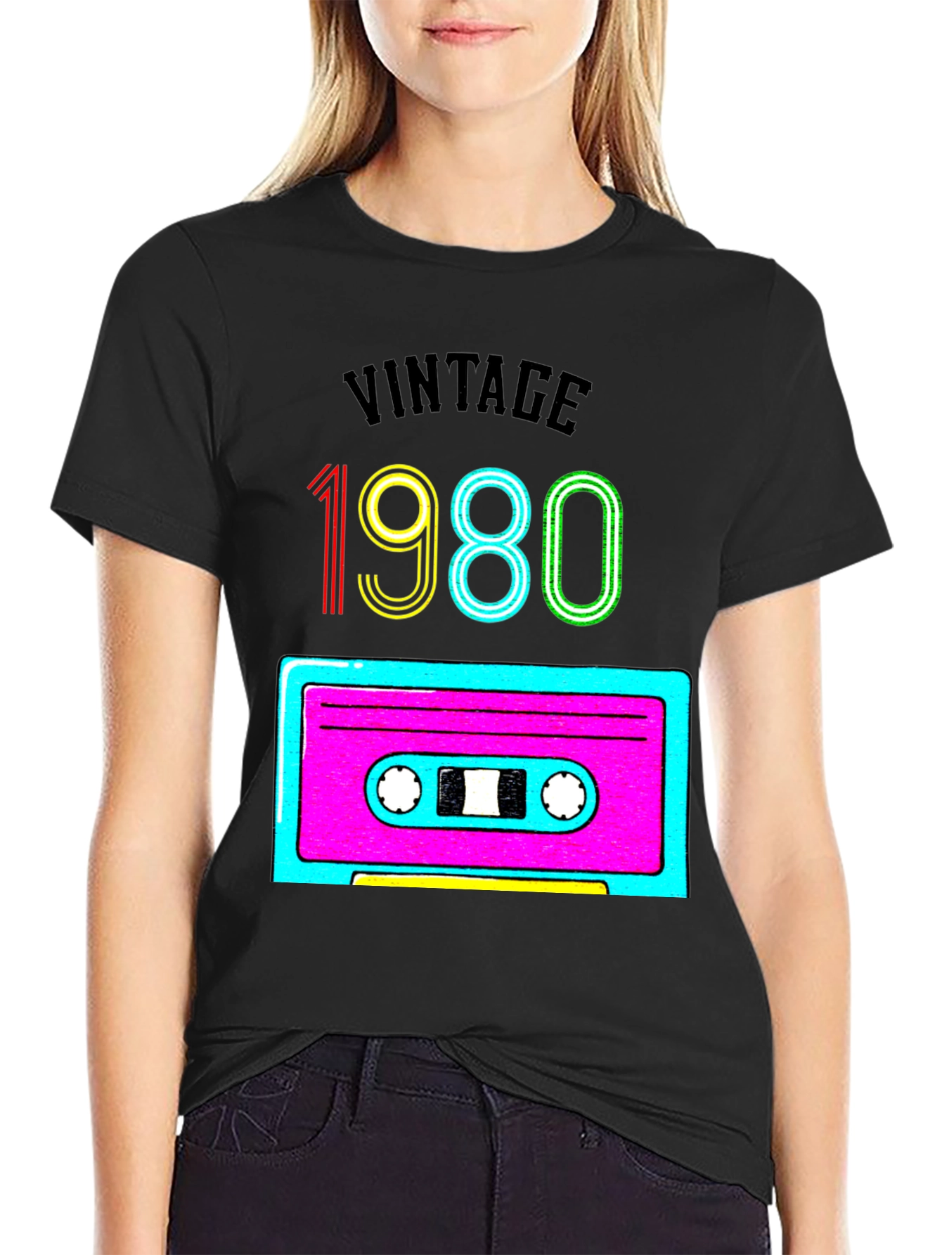 Black Vintage 1980s Cassette Tape Graphic T-Shirt view 2