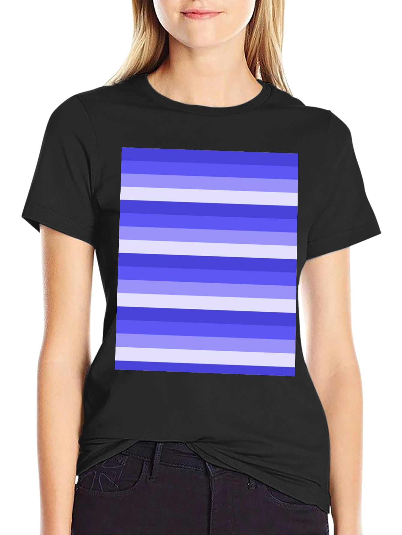 Black Striped Pattern Black Cotton Casual T-Shirt view 2