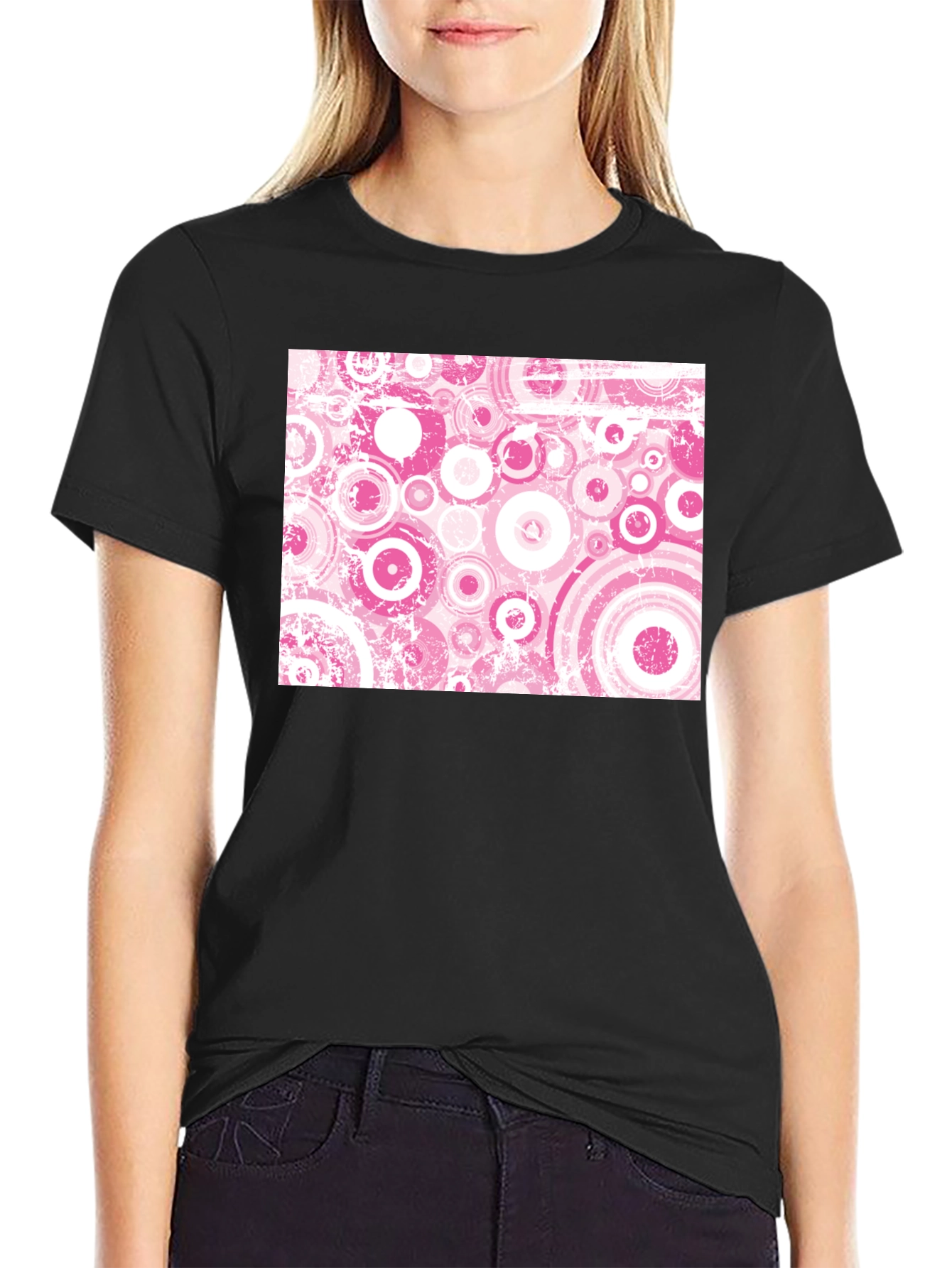 Black Retro Pink Circle Pattern Black T-Shirt view 2