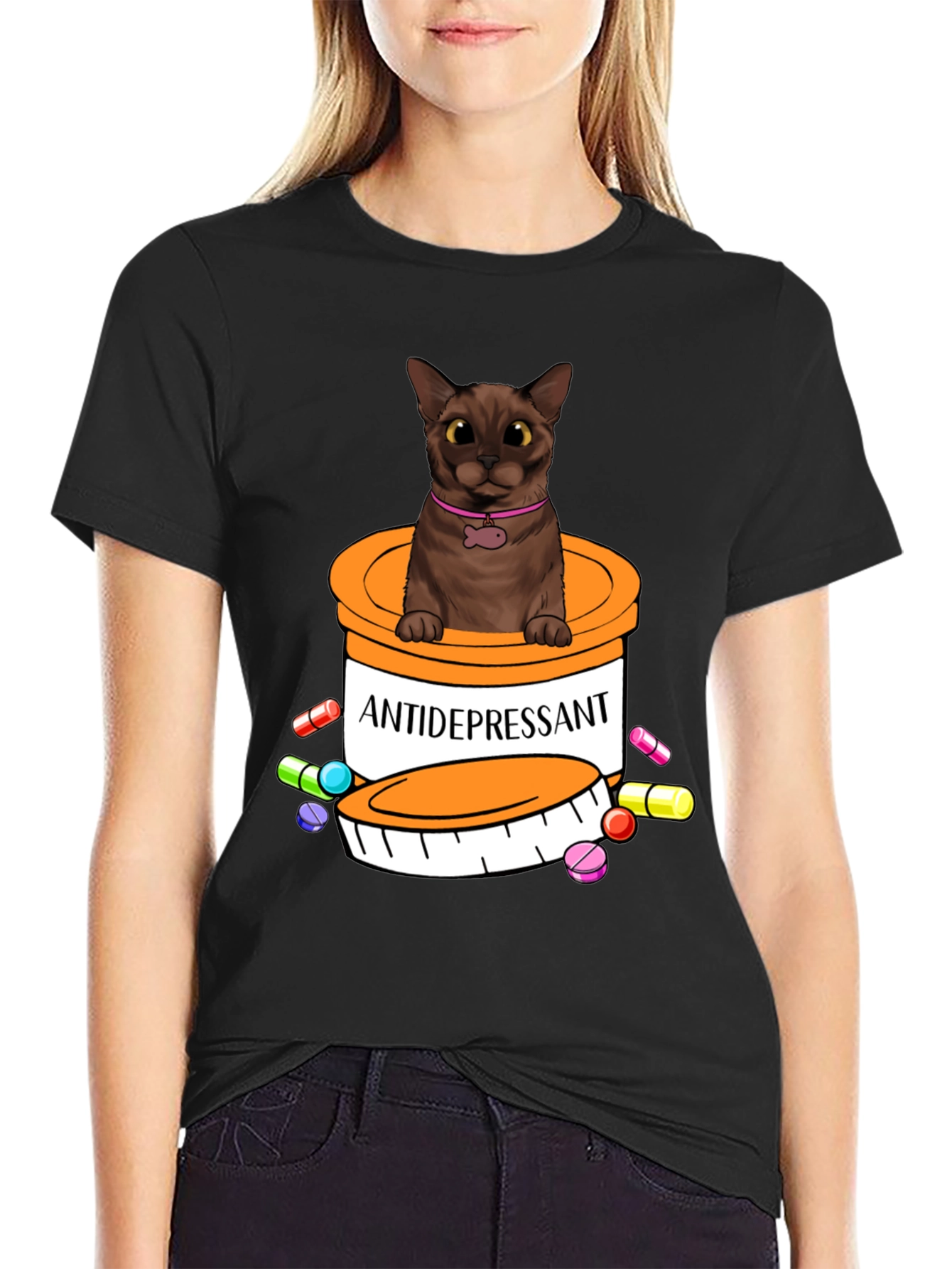 Black Cat Antidepressant Pill Bottle Graphic Tee view 2