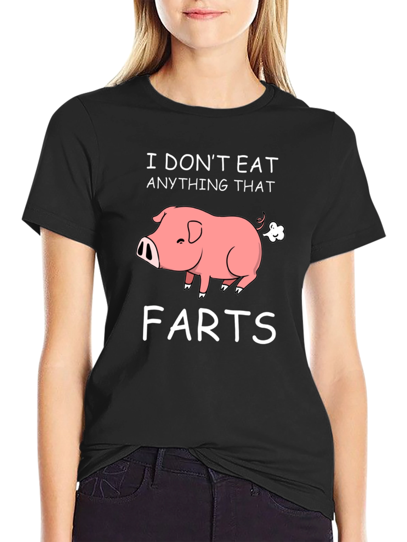Black Funny Vegan Pig Farts T-Shirt view 2