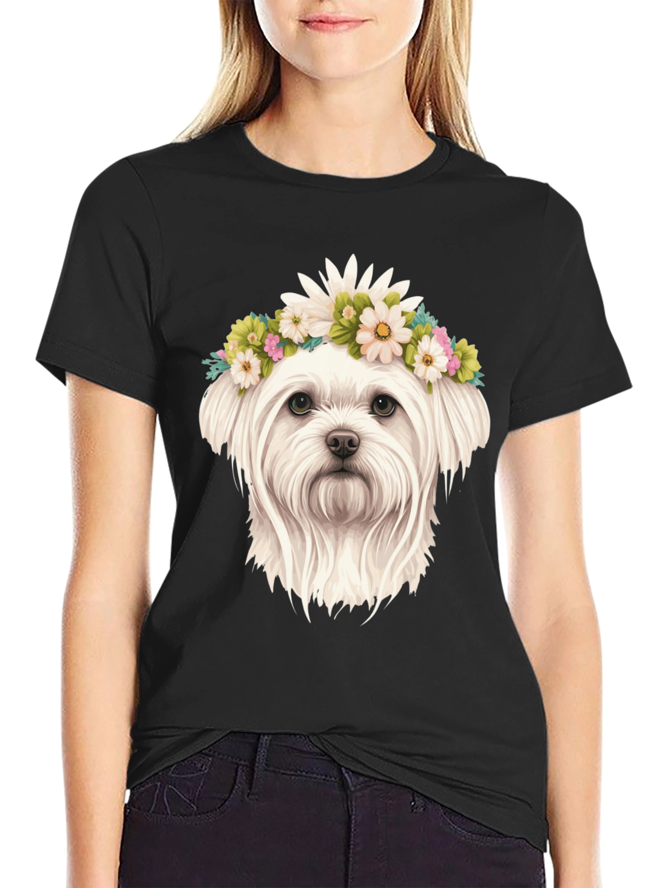 Black Dog with Floral Crown Black T-Shirt view 2