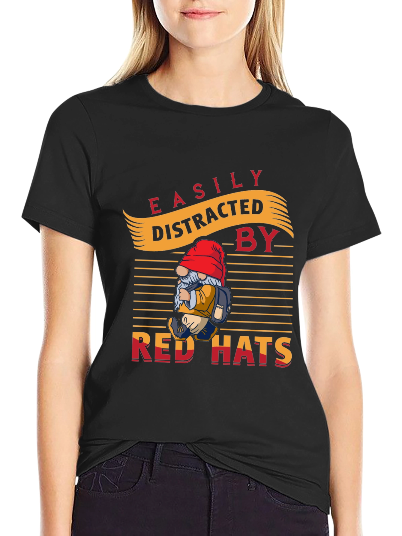 Black Easily Distracted by Red Hats T-Shirt - Novelty Gnome Design view 2