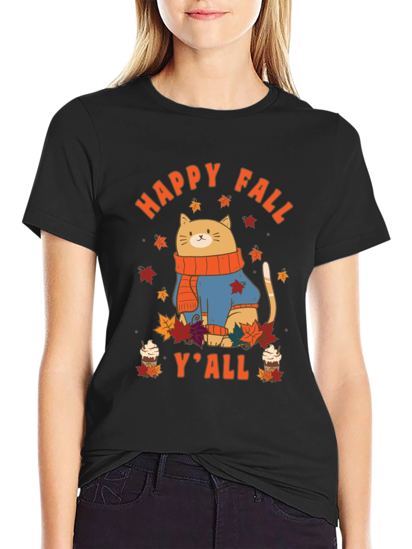 Black Happy Fall Y'all Cat T-Shirt view 2