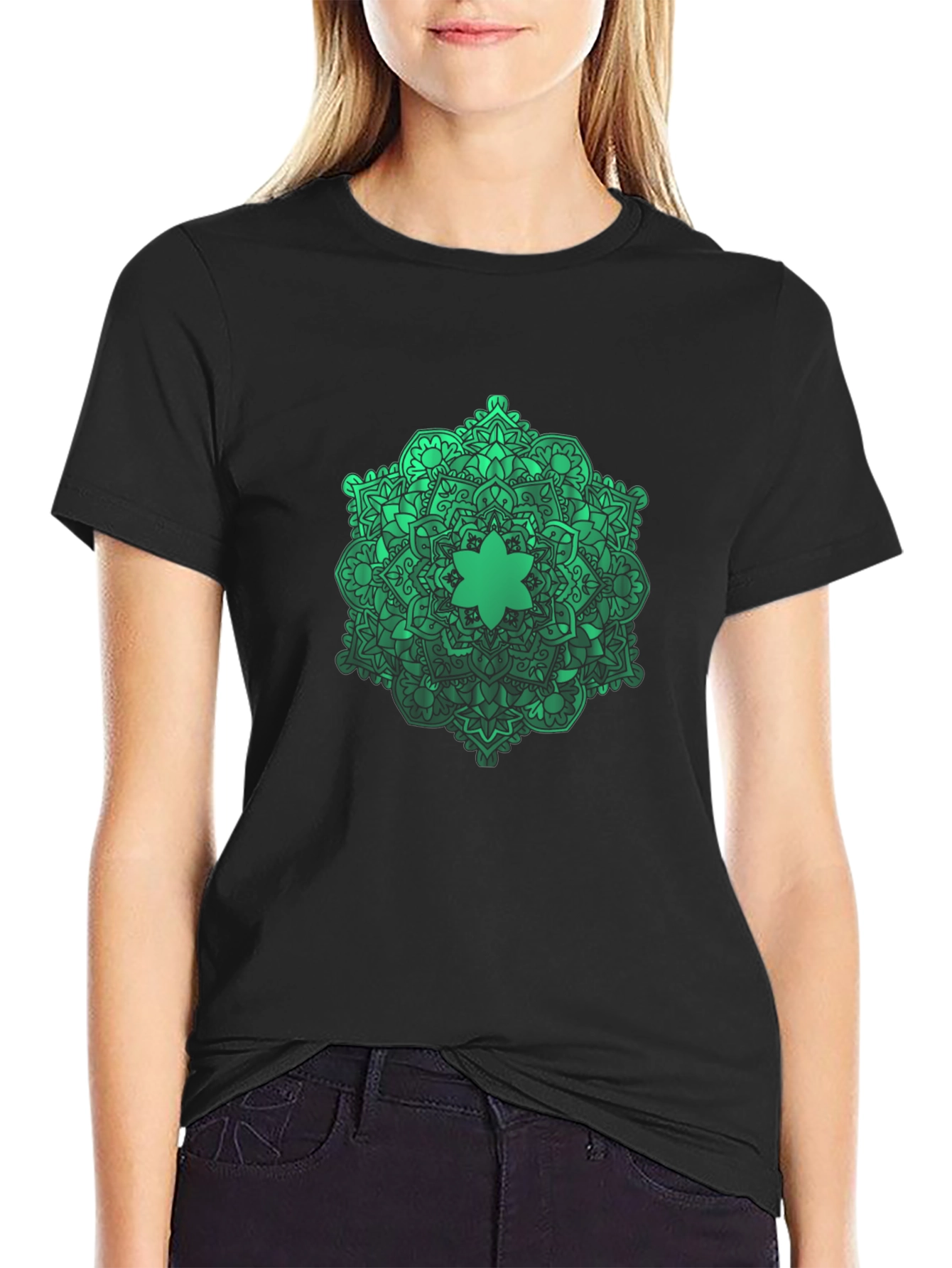 Black Green Mandala Graphic Black T-Shirt view 2