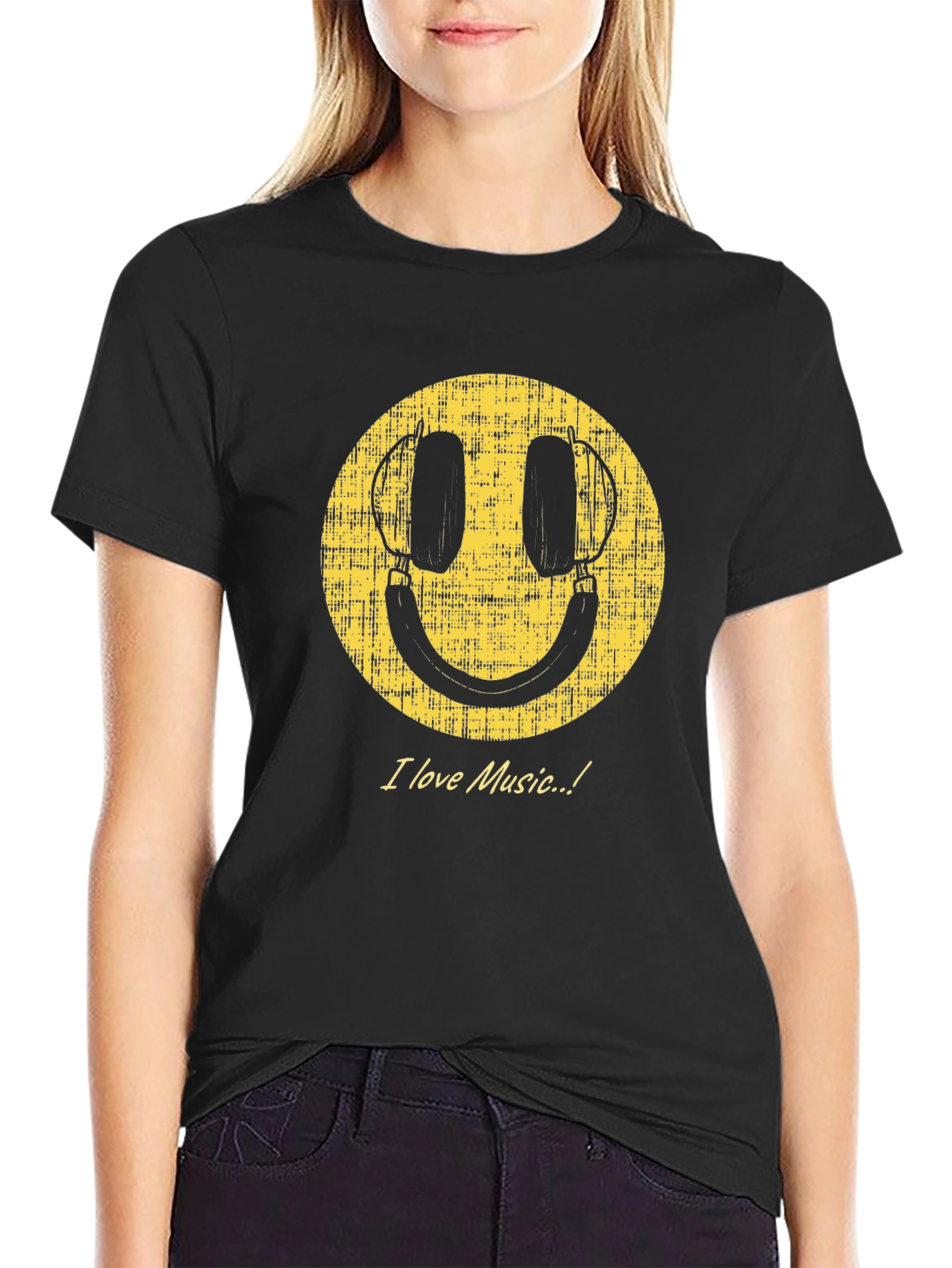 Black I Love Music Smiley Face Graphic Tee view 2
