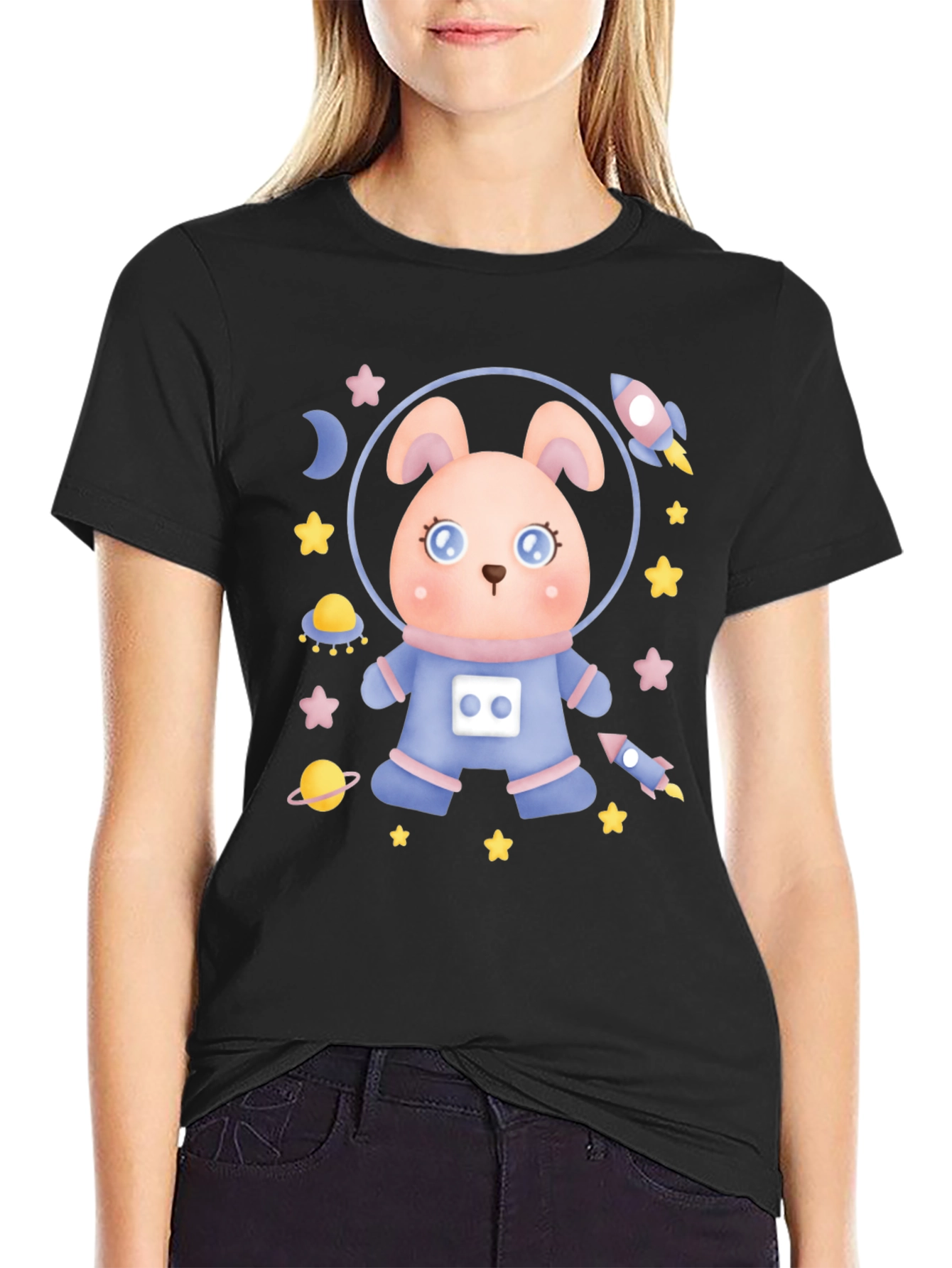 Black Cute Astronaut Rabbit T-Shirt view 2
