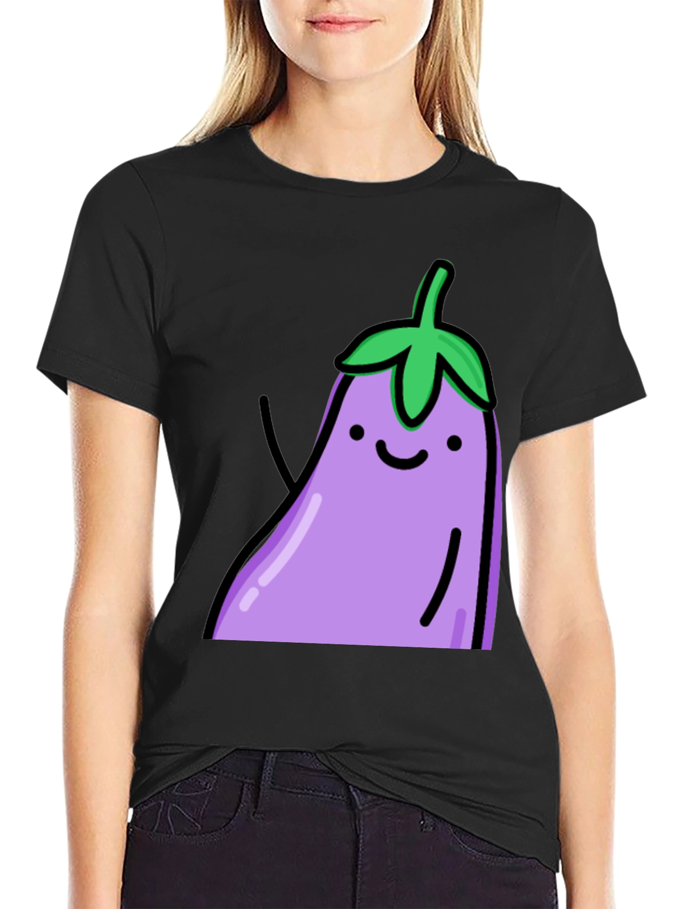 Black Cute Eggplant Graphic Print Black T-Shirt view 2