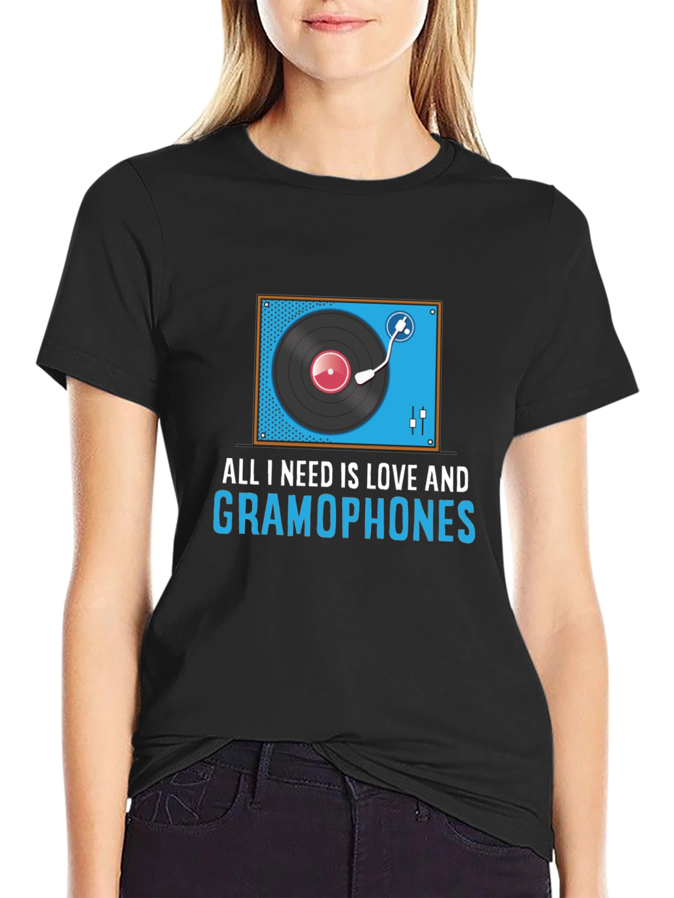 Black All I Need Is Love And Gramophones Graphic Tee view 2
