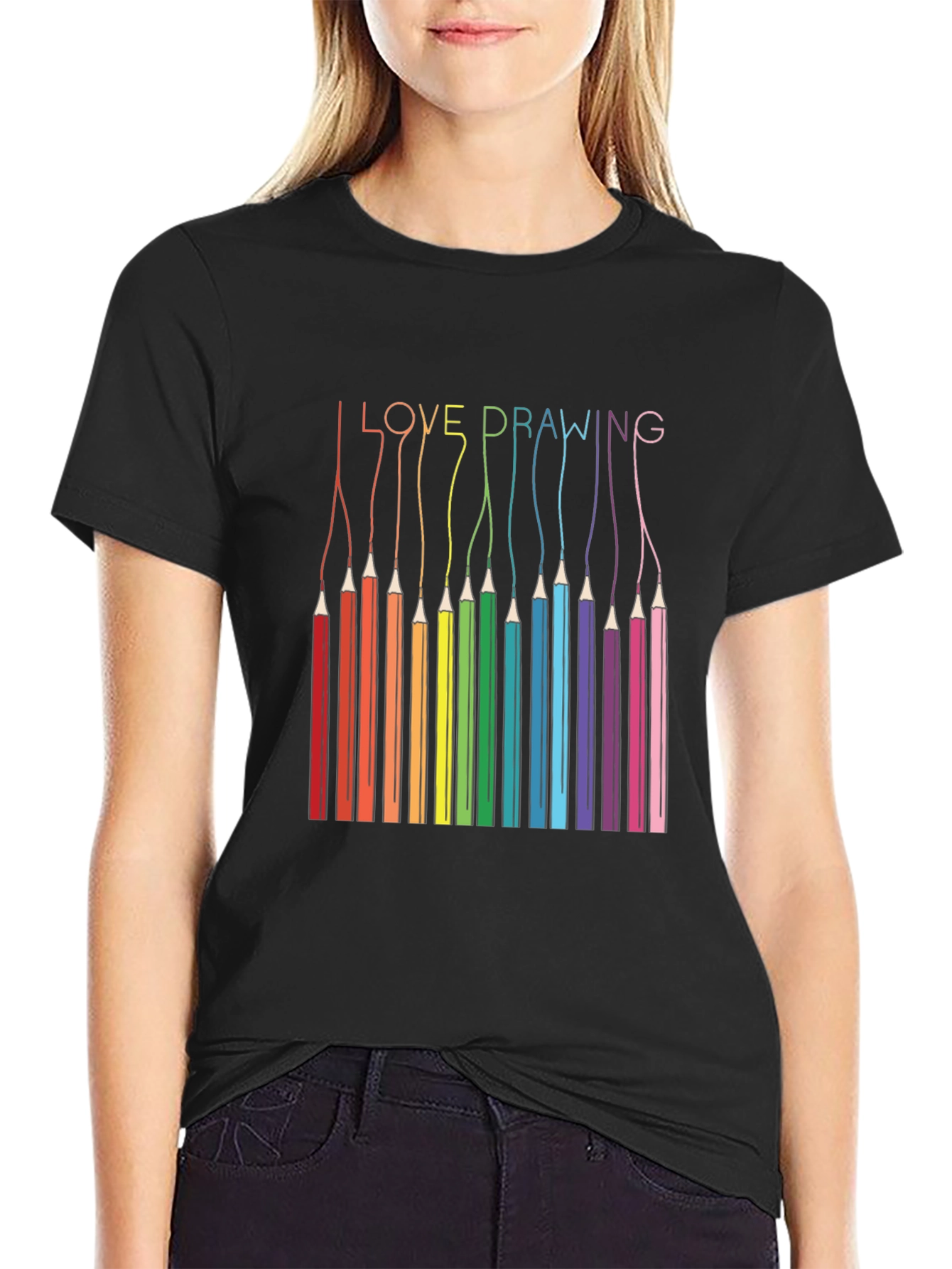 Black I Love Drawing T-Shirt - Rainbow Pencils view 2