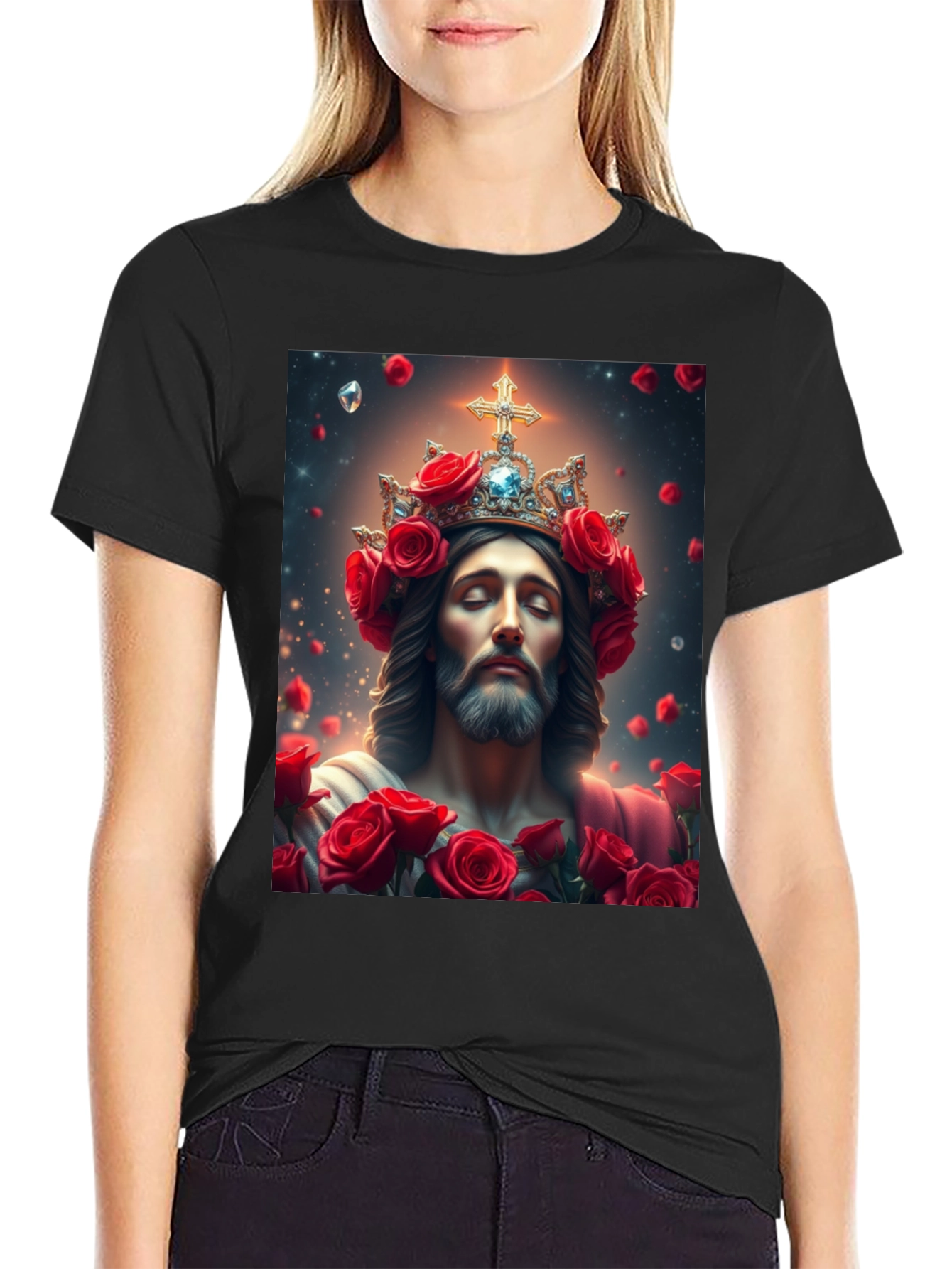 Black Jesus with Roses Graphic T-Shirt - Divine Apparel view 2