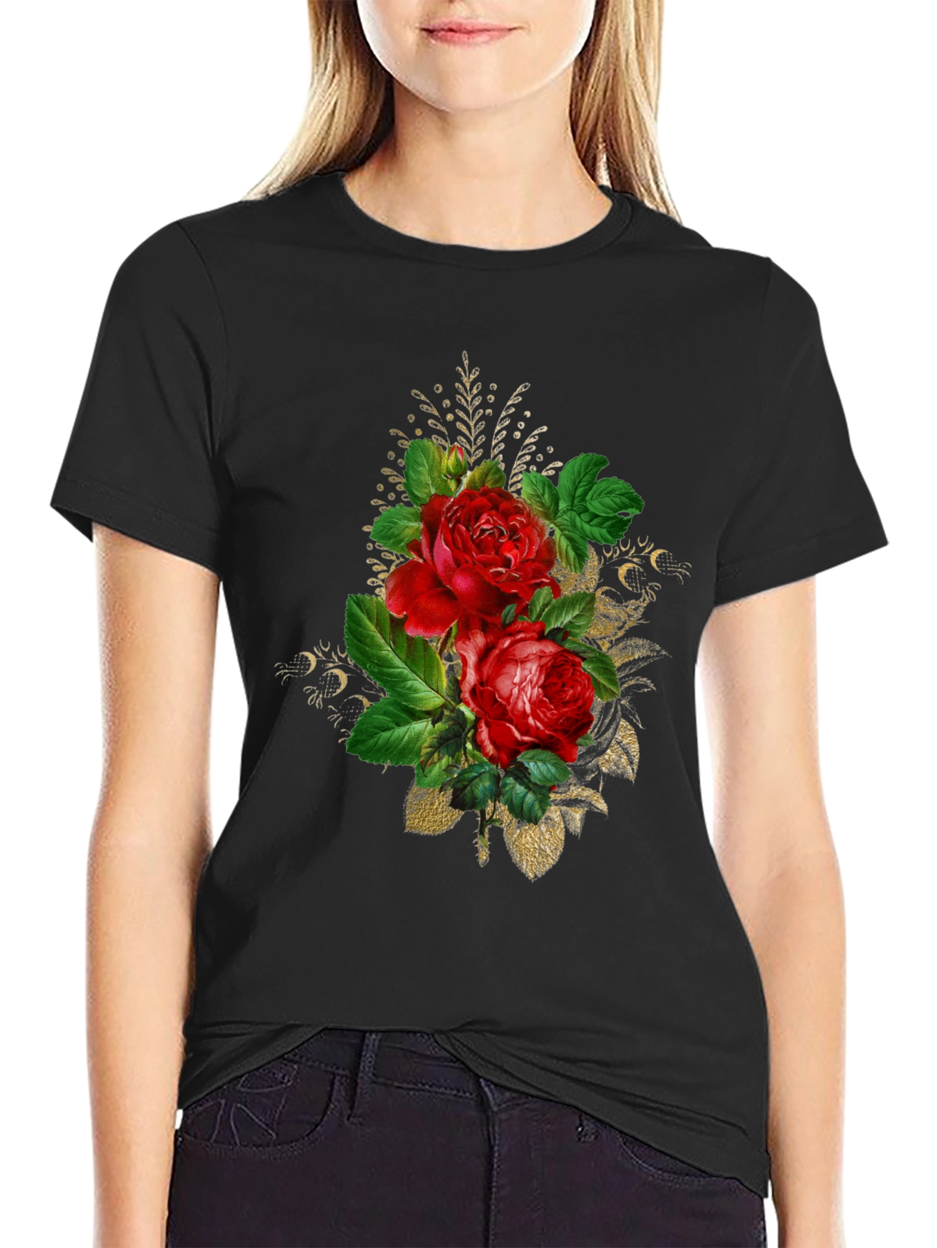 Black Floral Rose Graphic Tee - Black view 2