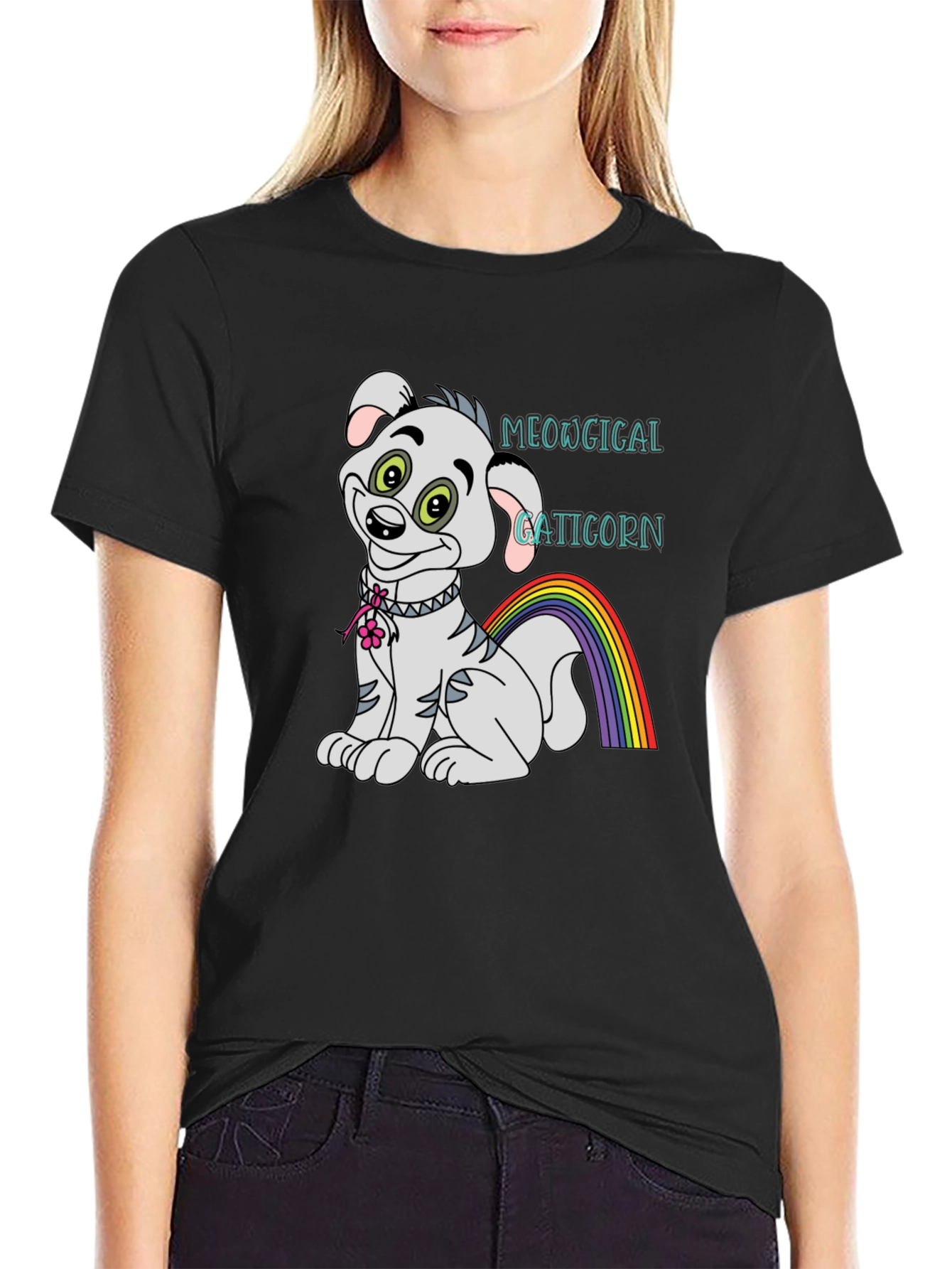 Black Meowgical Gaticorn Black T-Shirt view 2