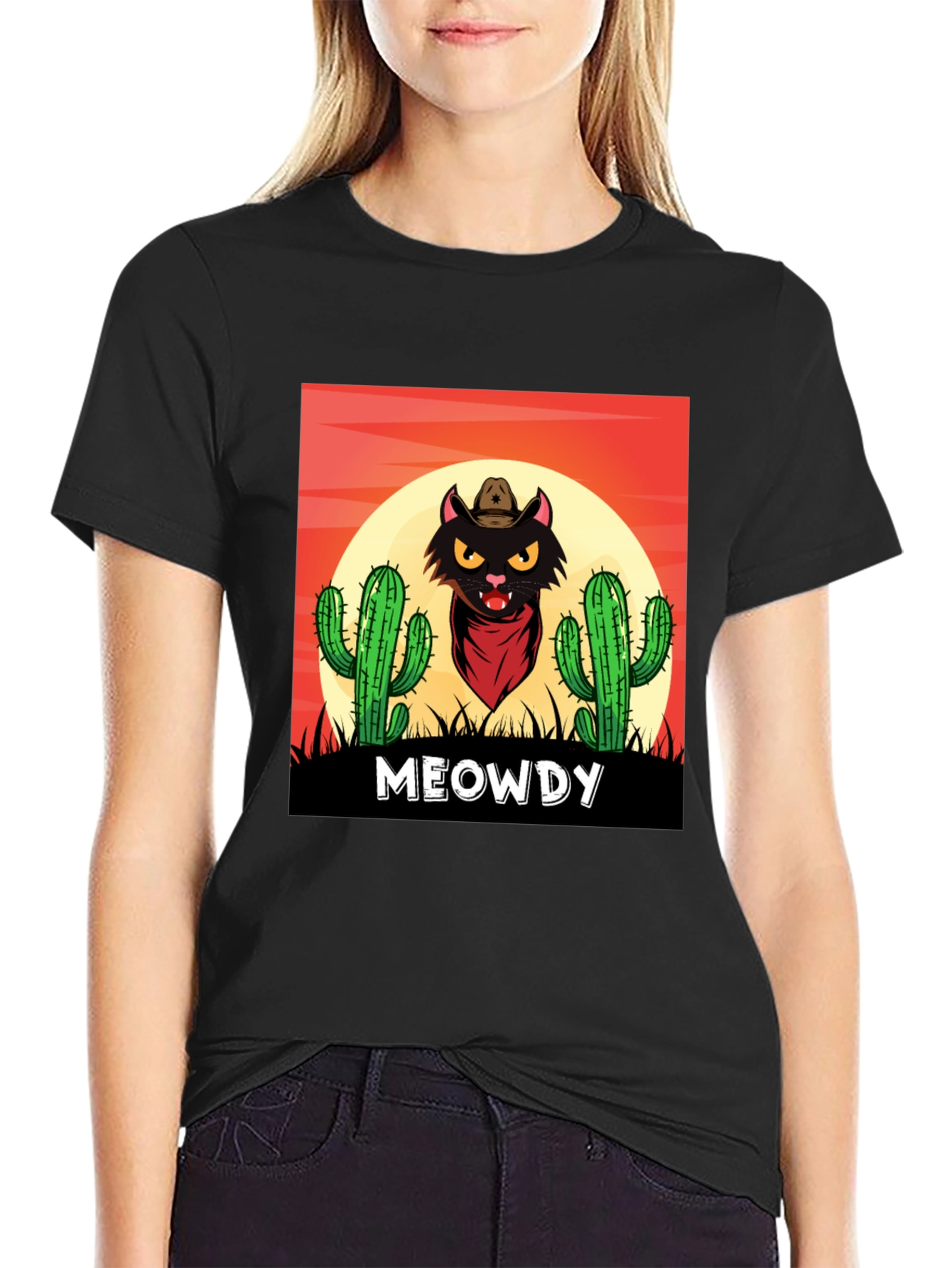 Black Meowdy Black Cat Cowboy Graphic T-Shirt view 2