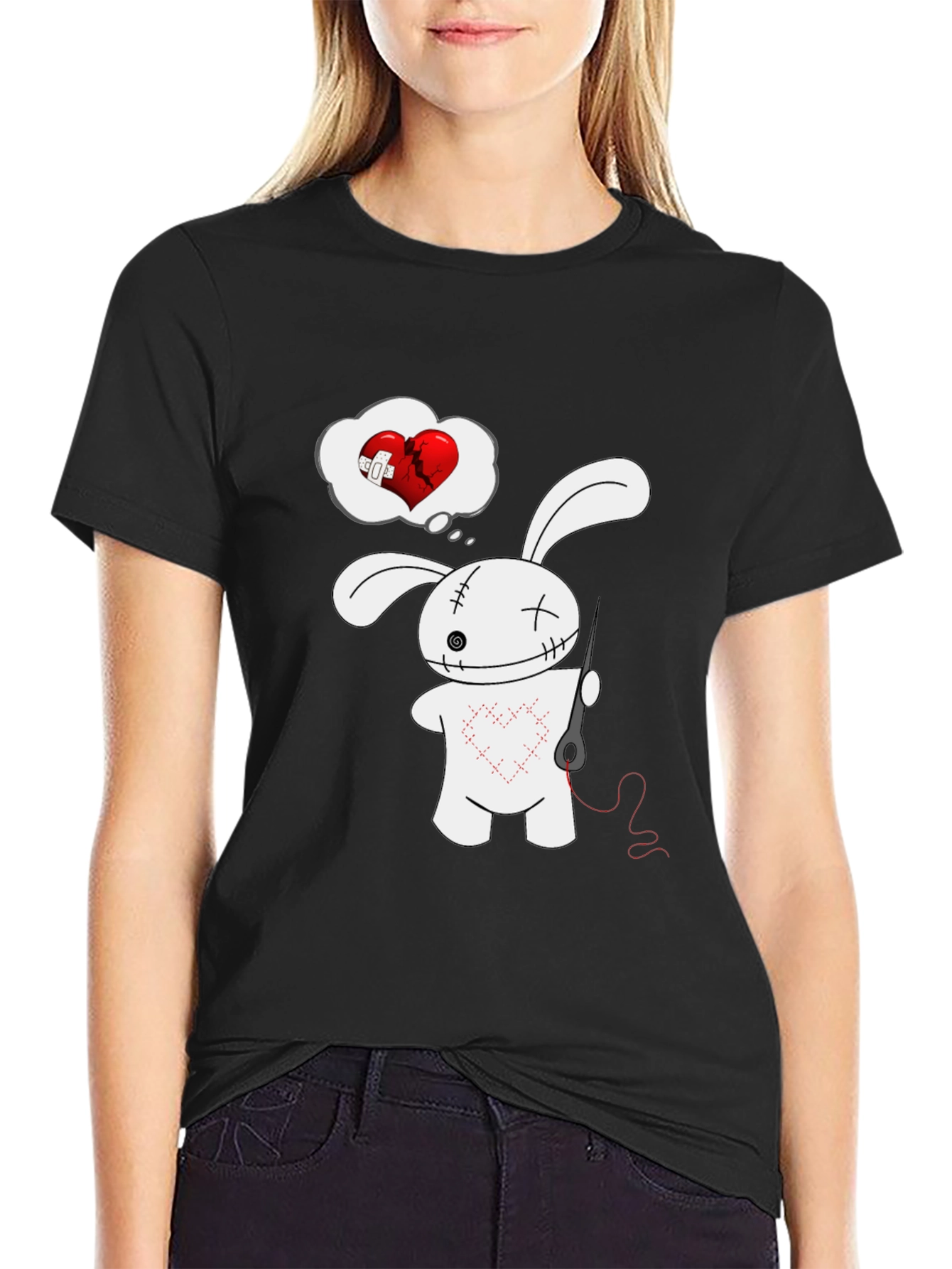 Black Stitched Heart Bunny Graphic Tee - Black Cotton Shirt view 2