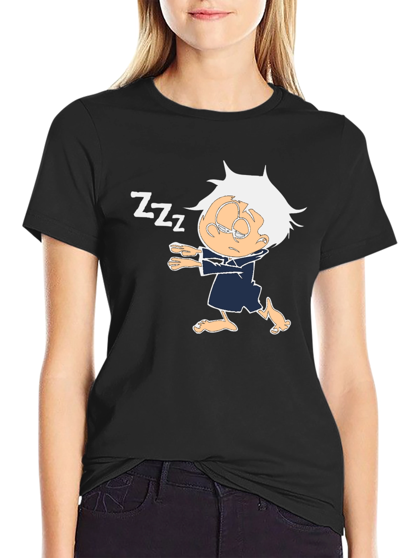 Black Sleepy Cartoon Character Black T-Shirt view 2