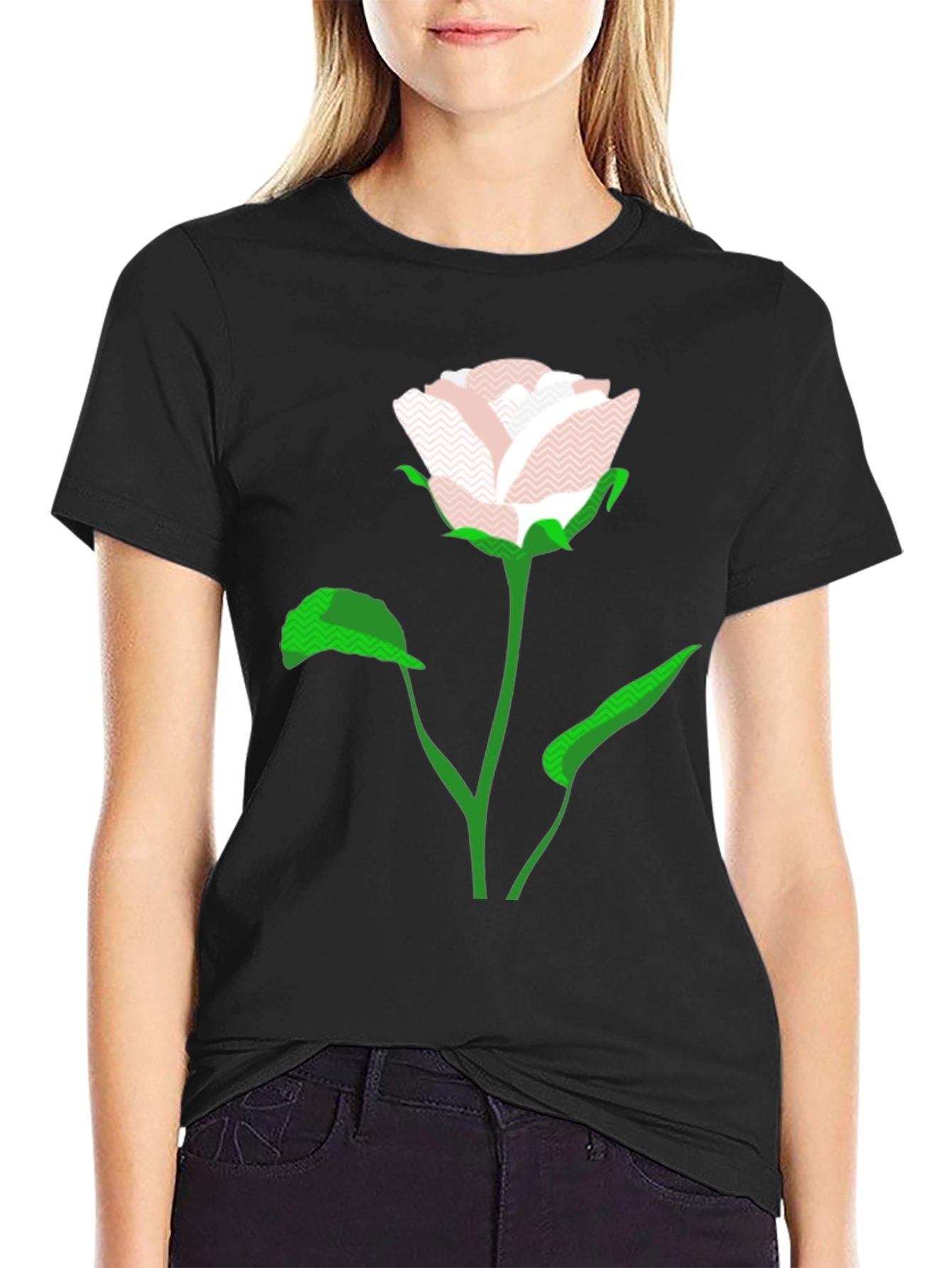Black Modern Rose Graphic Black T-Shirt view 2