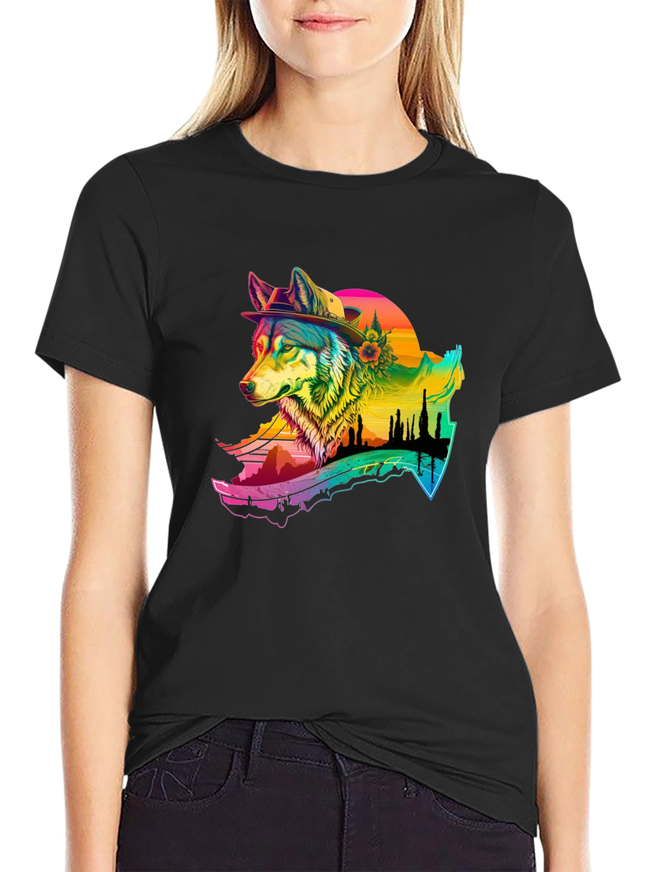 Black Wolf Graphic Black T-Shirt - Colorful Design view 2