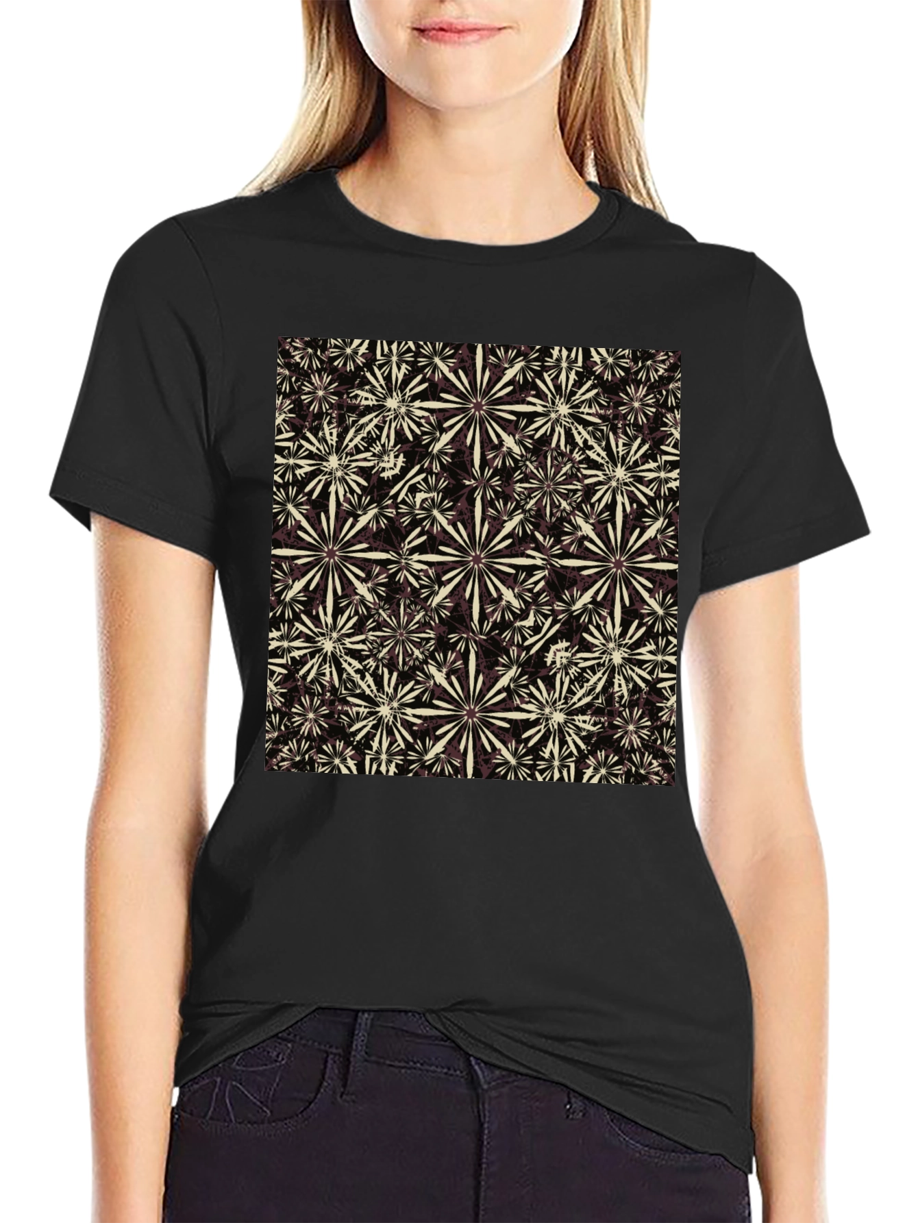 Black Floral Pattern Crew Neck T-Shirt view 2
