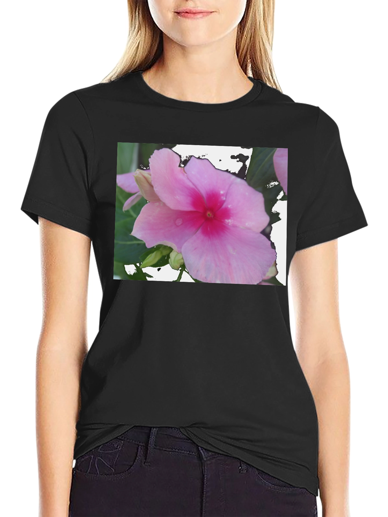 Black Pink Flower Graphic Black T-Shirt view 2