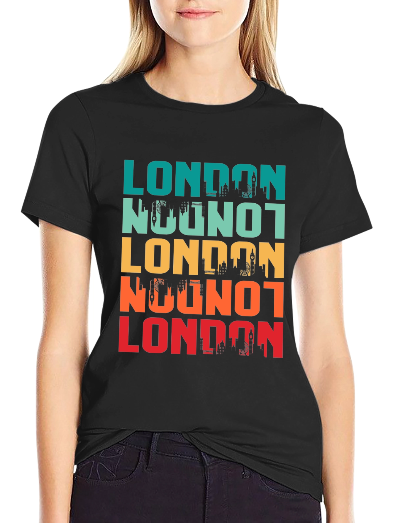 Black London Skyline Retro Graphic T-Shirt view 2