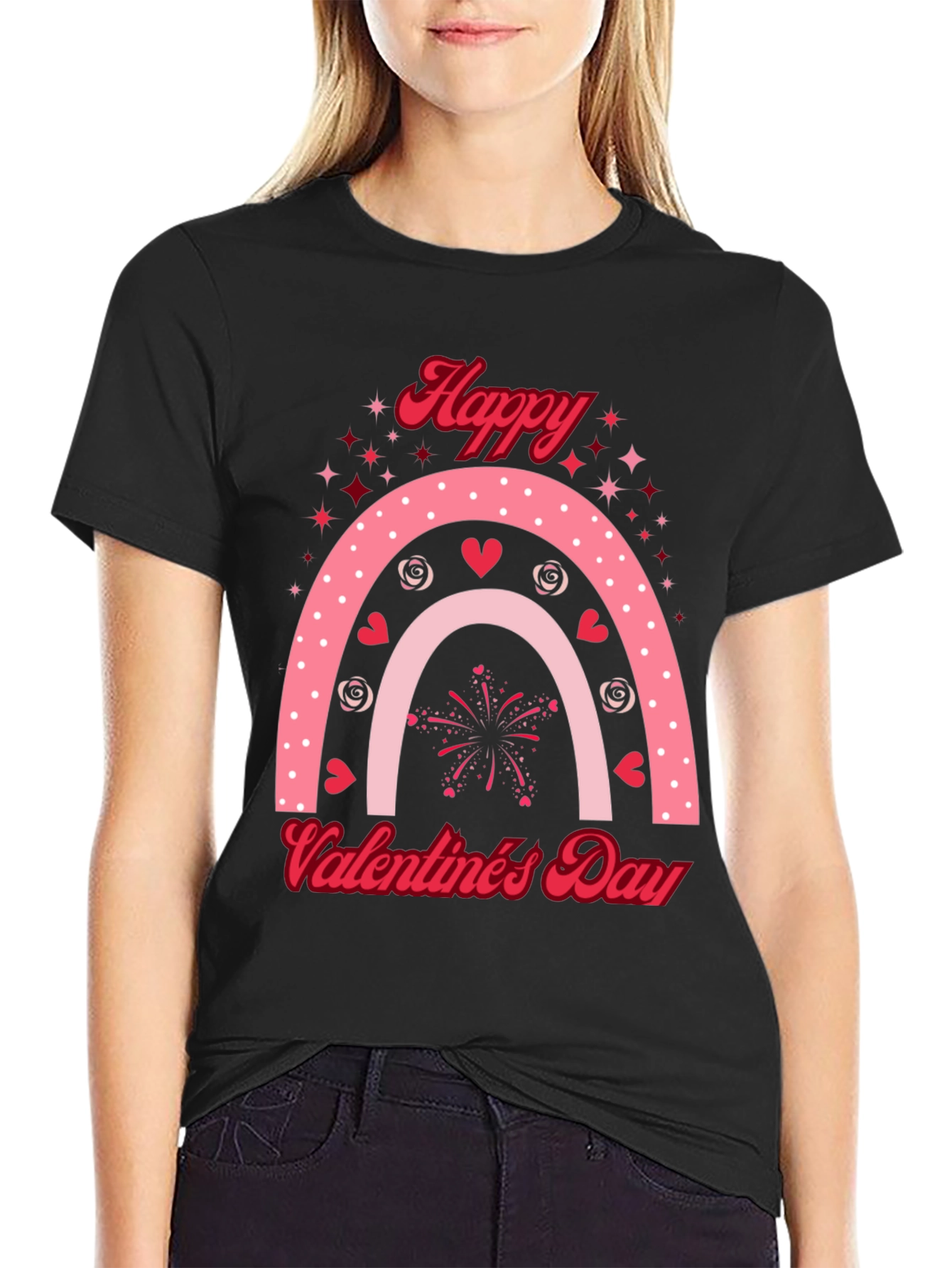 Black Happy Valentine's Day Rainbow T-Shirt view 2