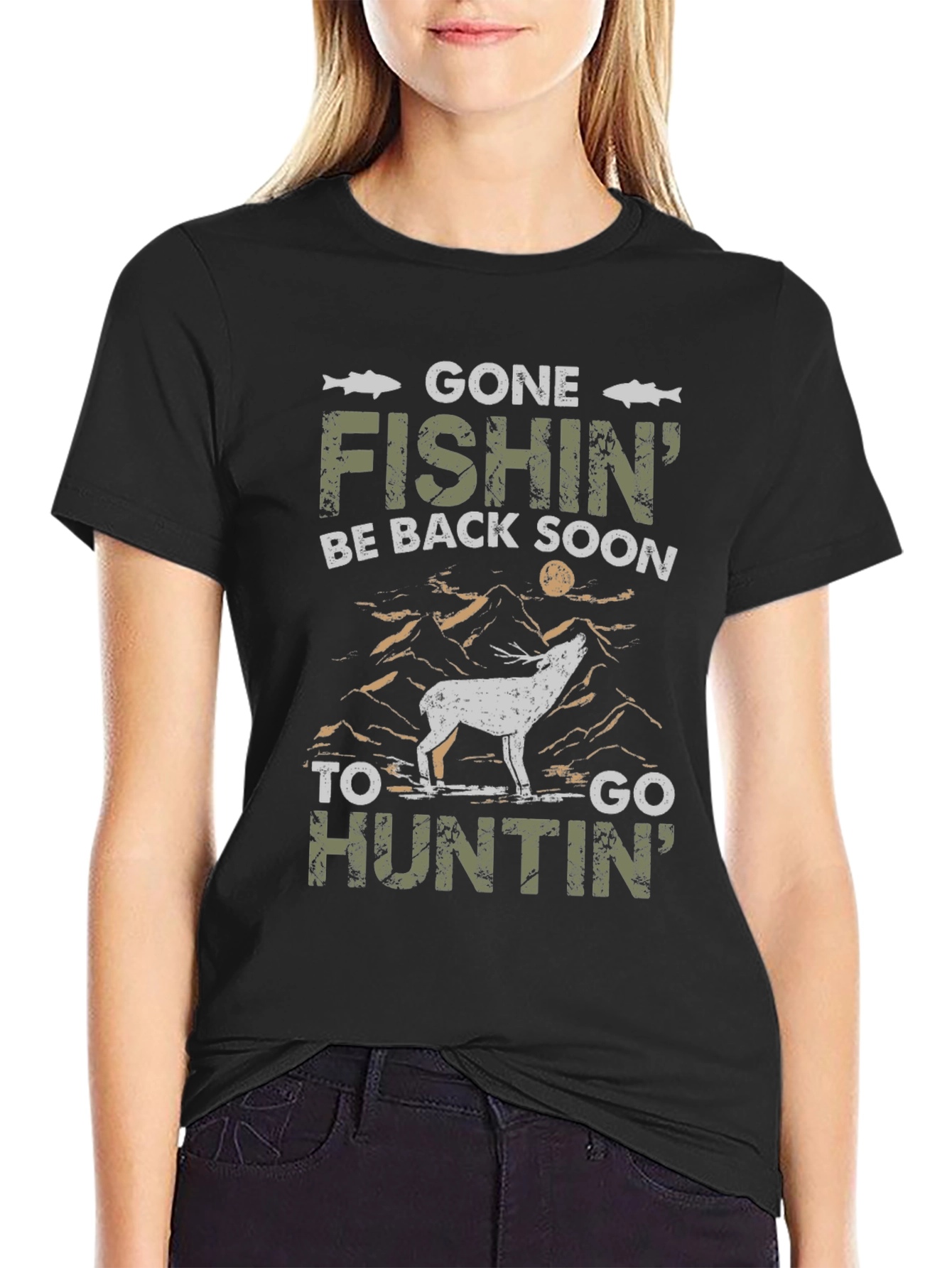 Black Gone Fishin' Huntin' T-Shirt view 2