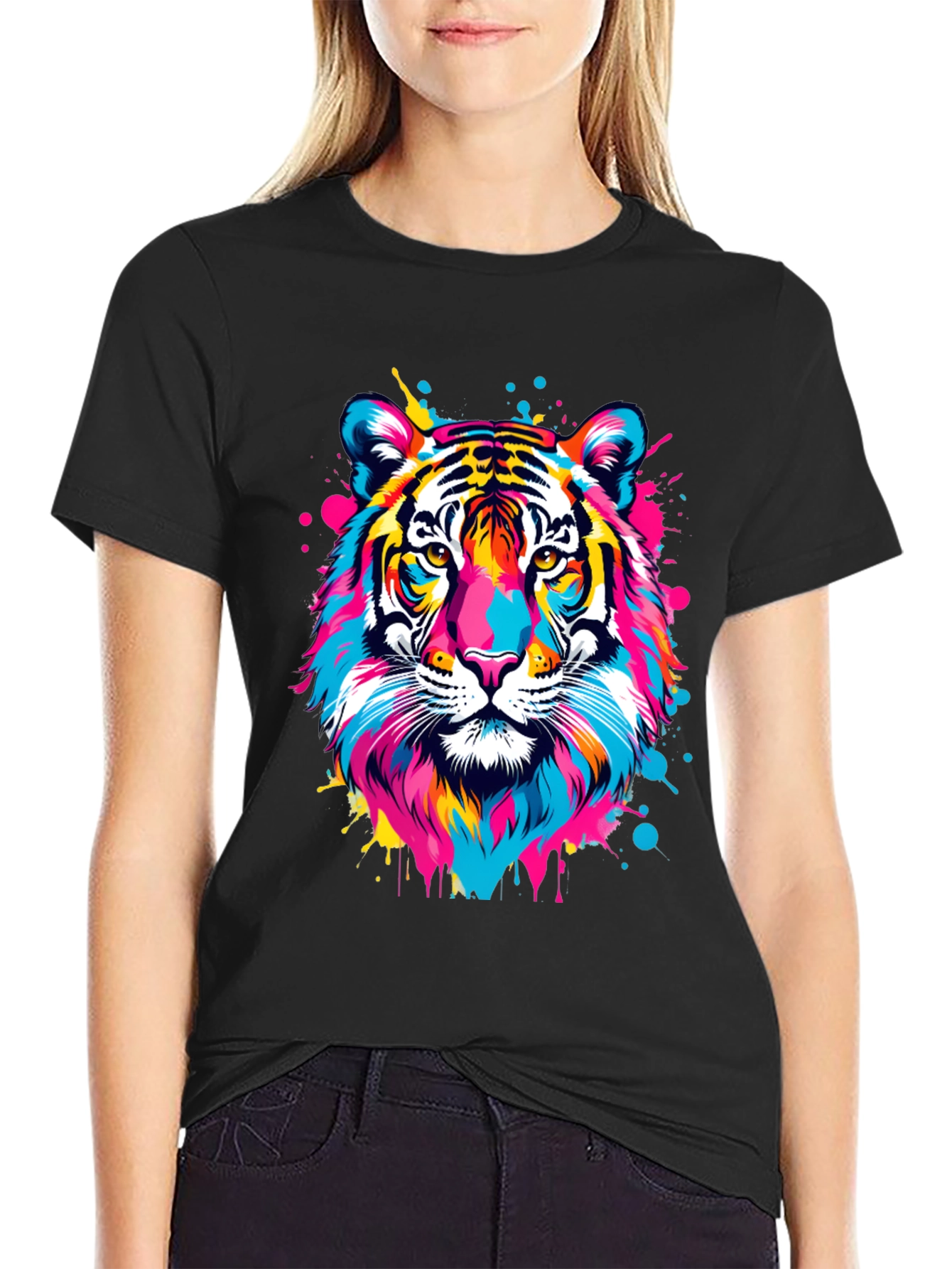 Black Colorful Tiger Graphic Print Black T-Shirt view 2