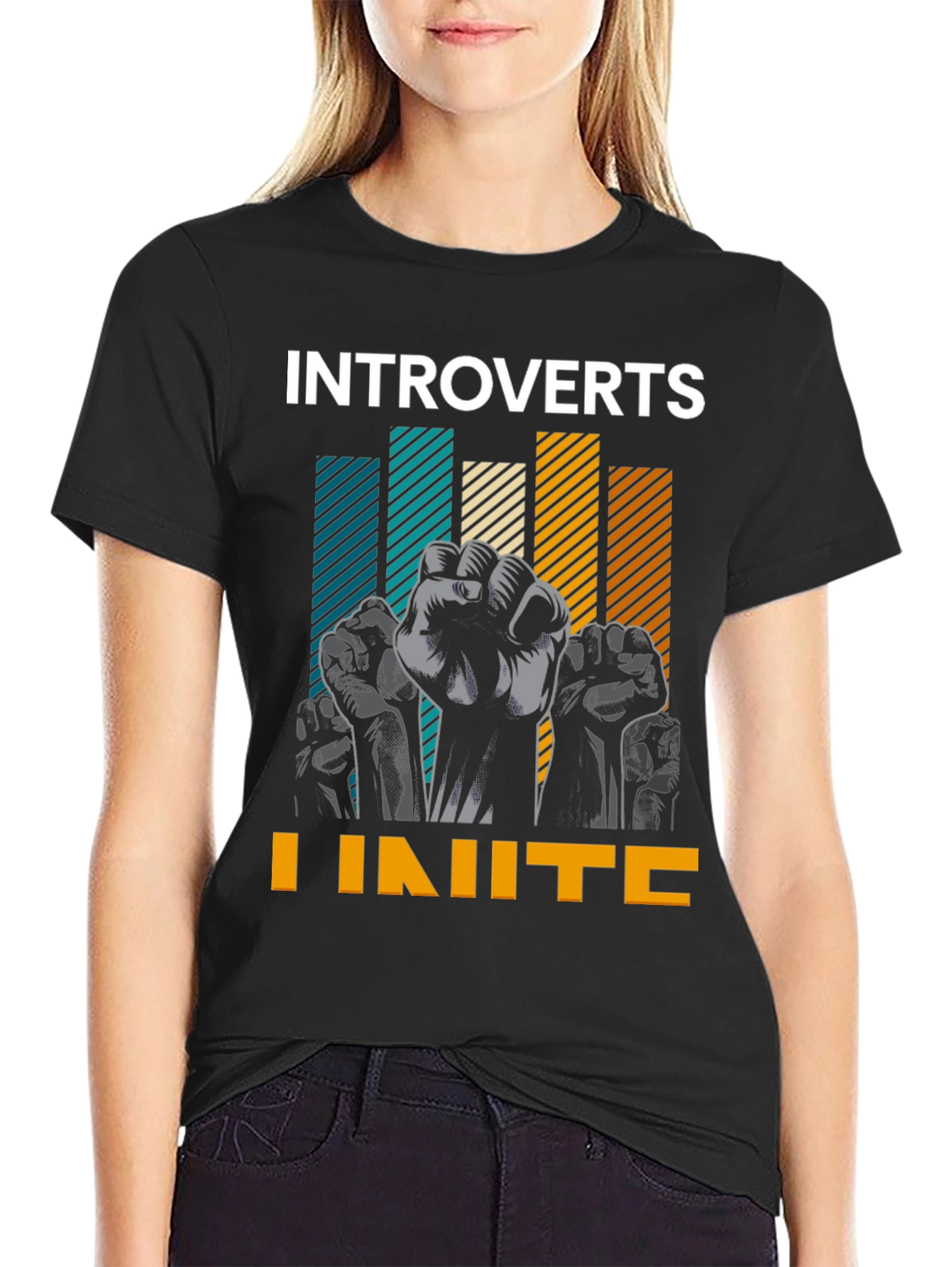 Black Introverts Unite Graphic Tee - Black Cotton T-Shirt view 2