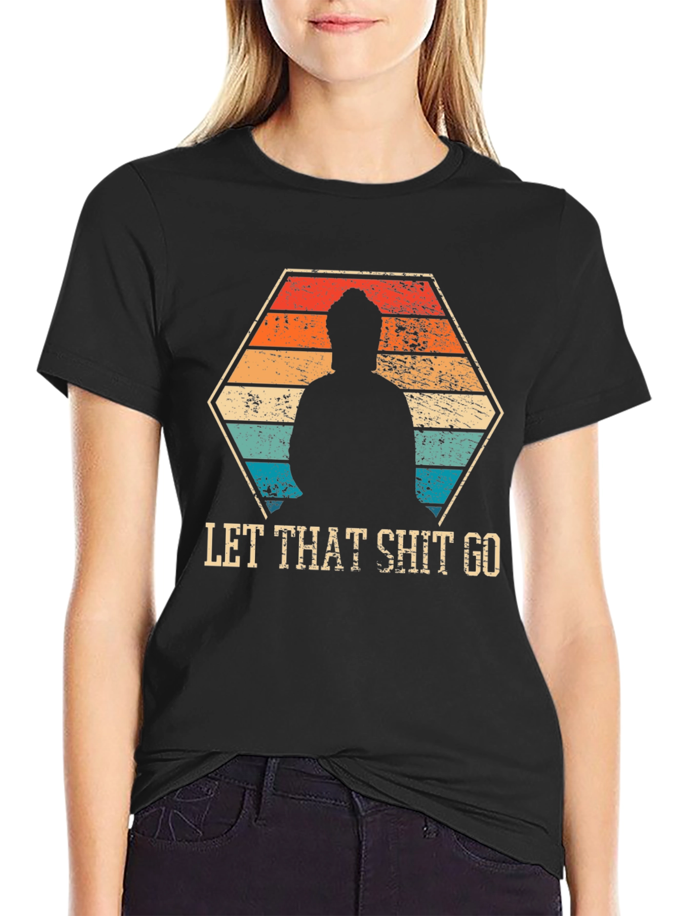 Black Let That Shit Go - Funny Zen Buddha T-Shirt view 2