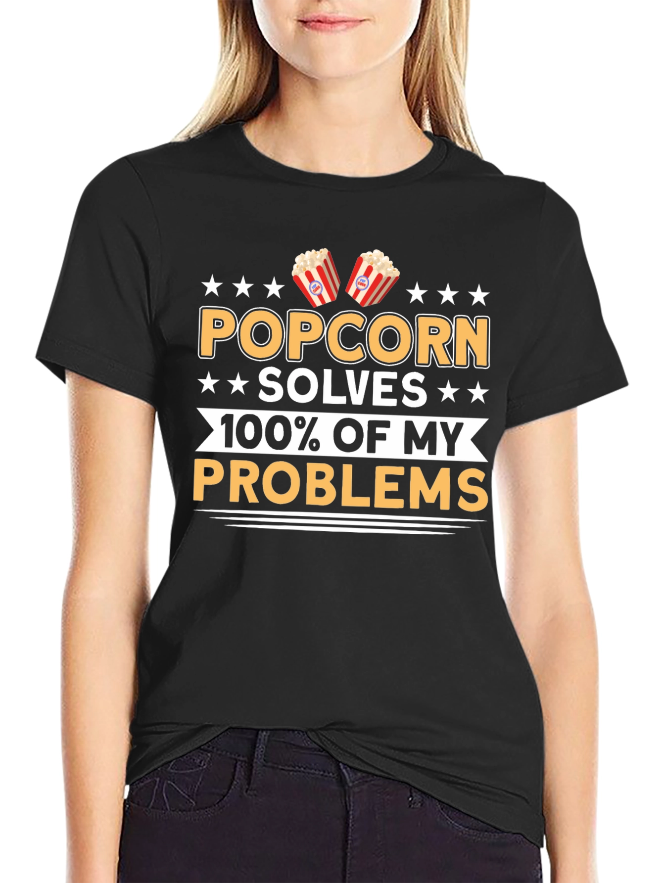 Black Popcorn Solves My Problems Funny T-Shirt view 2